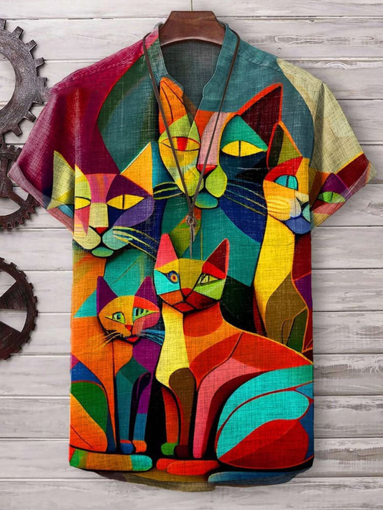 Vintage Cat Art Print Casual  Shirt