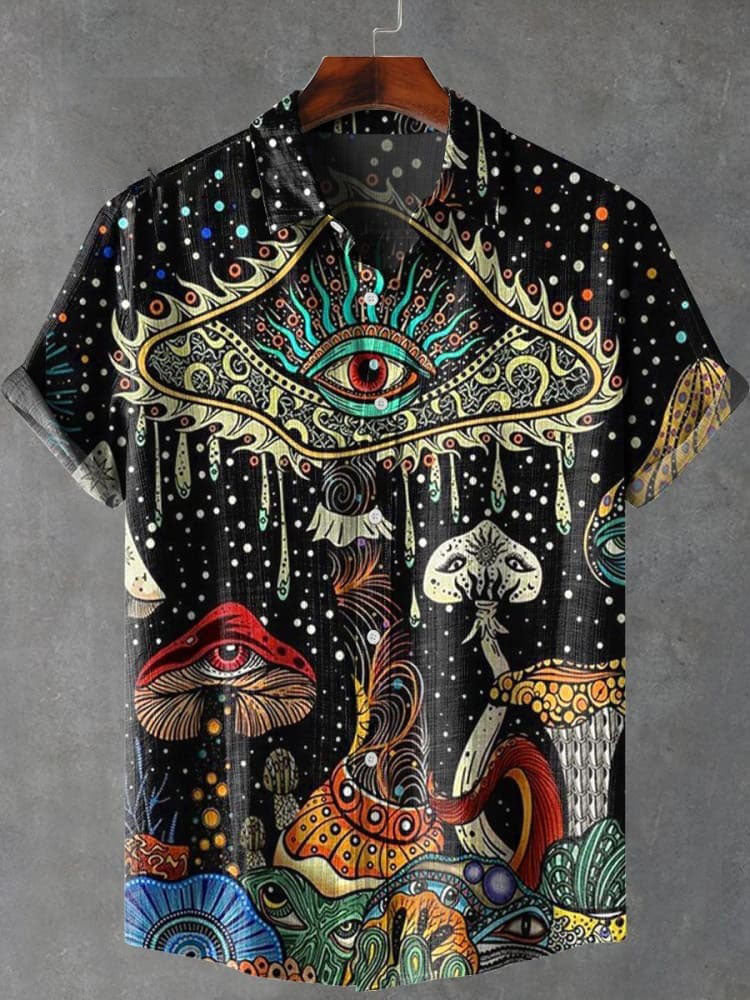 Vintage Psychedelic Eyes Mushroom Art Print Casual  Shirt