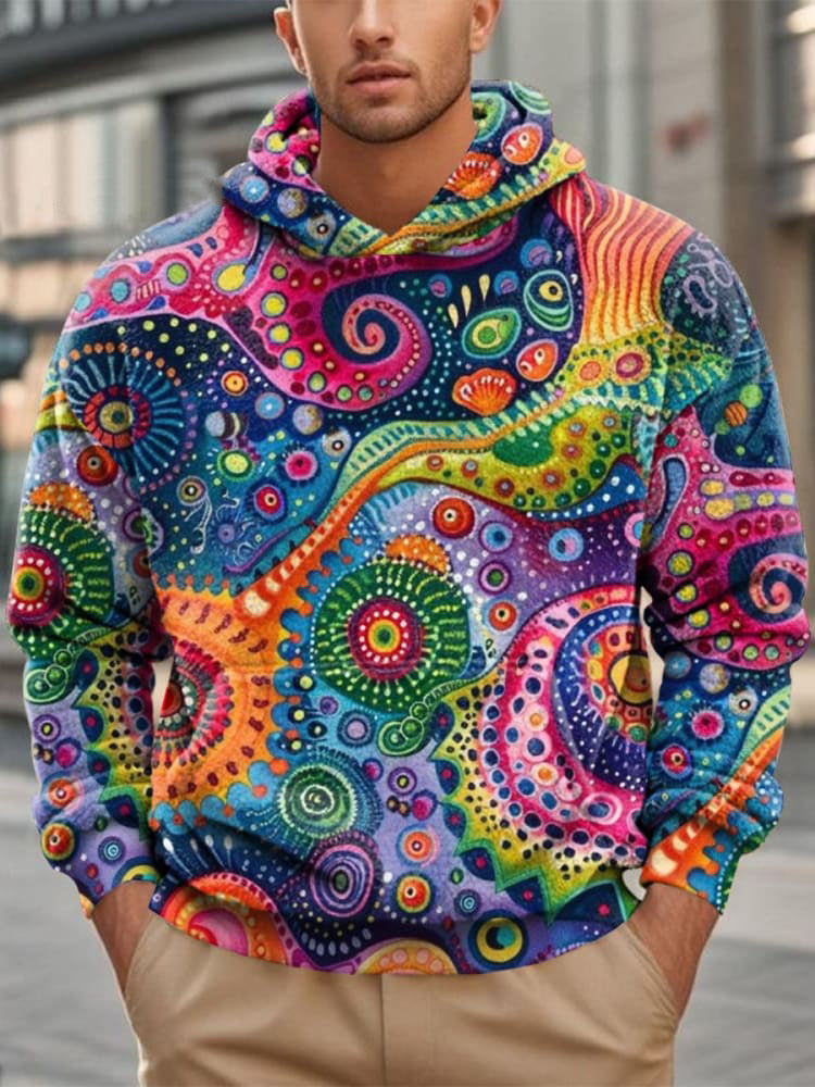 Men's Casual Retro Multicolor Art Print Plush Hooded Sweatshirt