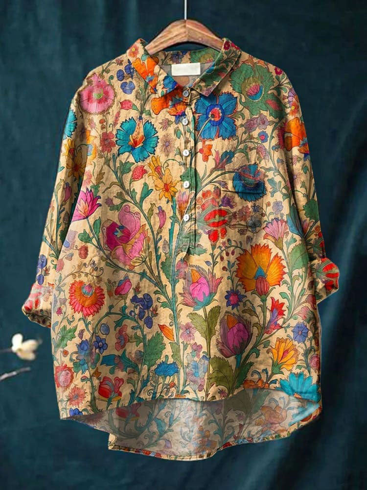 Men's Indian Folk Floral Print Art Casual  Shirt