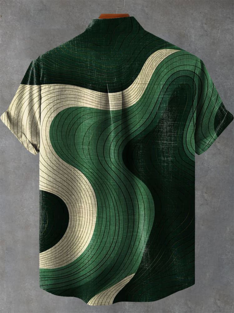 Vintage Green Color Block Wave Art Print Casual  Shirt