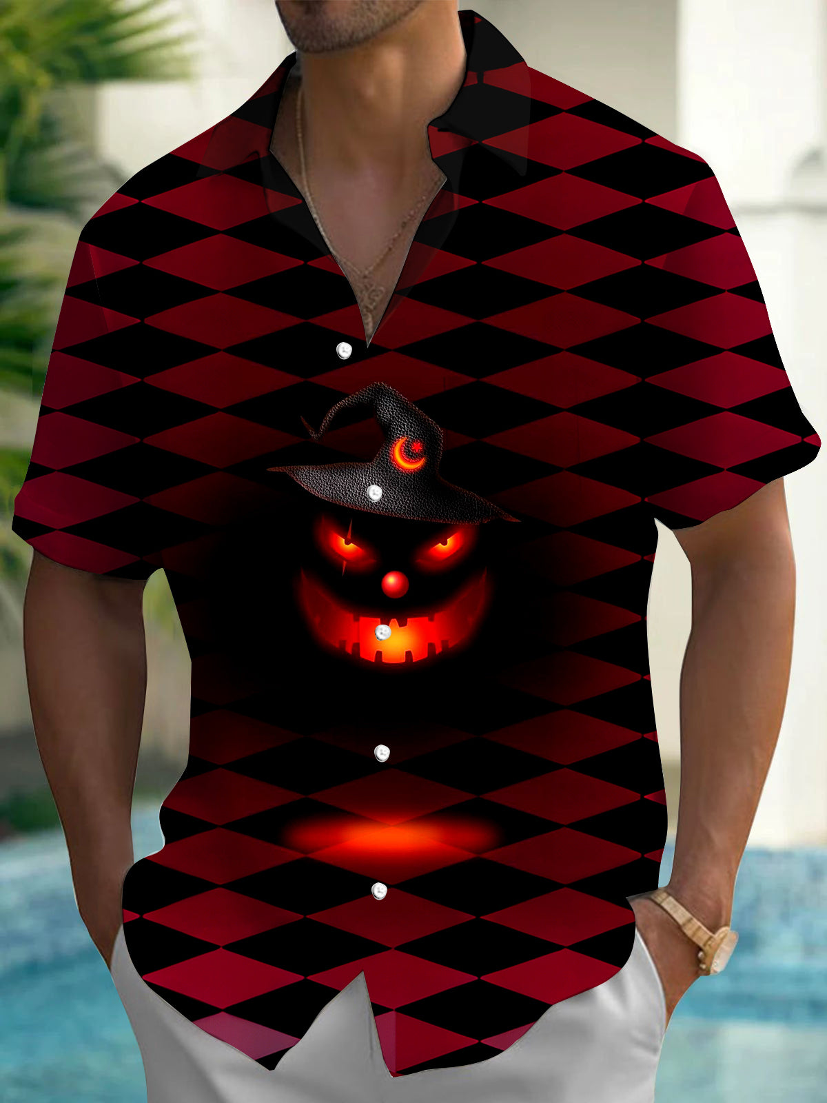 Halloween Pumpkin Geometry Men's Pocket Short Sleeve Shirts