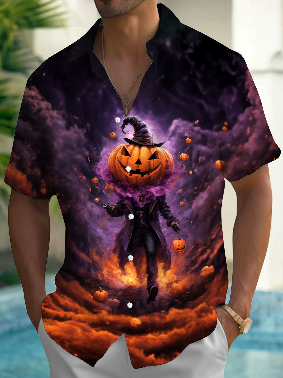 Halloween Pumpkin Men's Pocket Short Sleeve Shirts