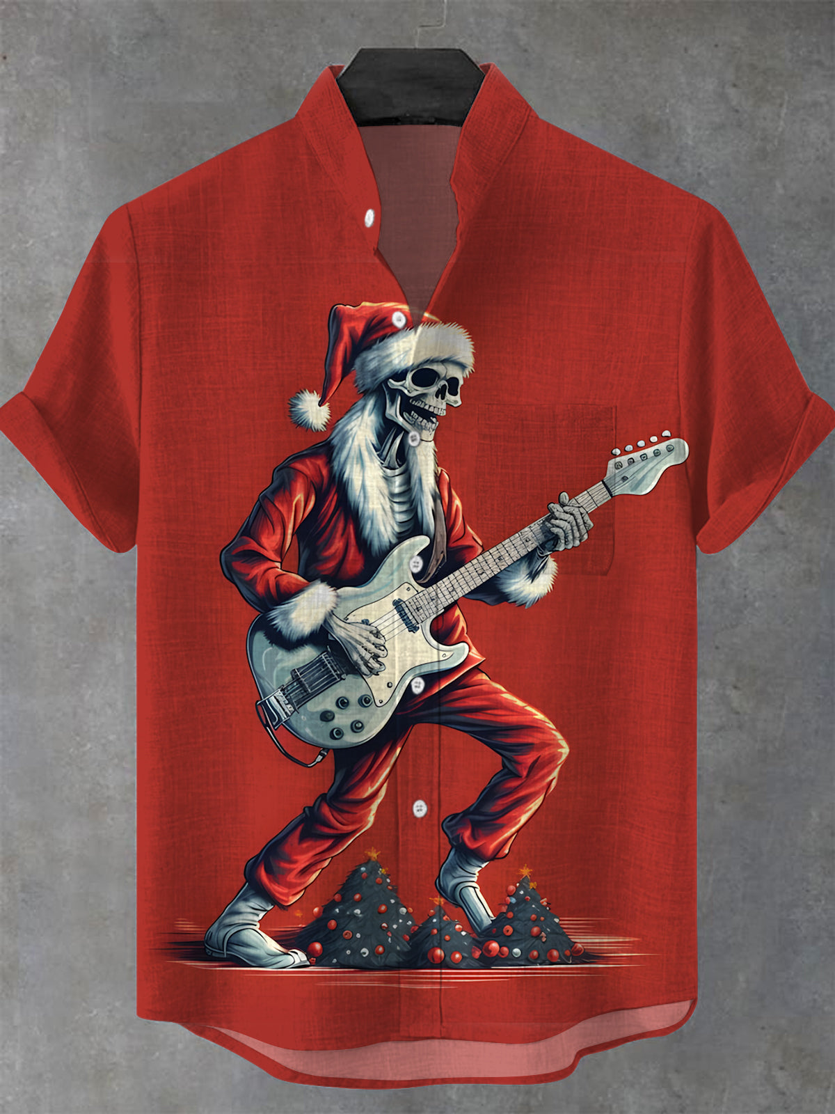 Christmas Skull Playing Guitar Men's Pocket Short Sleeve Stand Collar Shirts