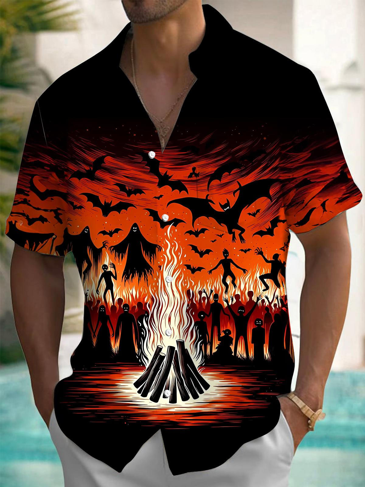 Halloween Ghost Bonfire Men's Pocket Short Sleeve Shirts