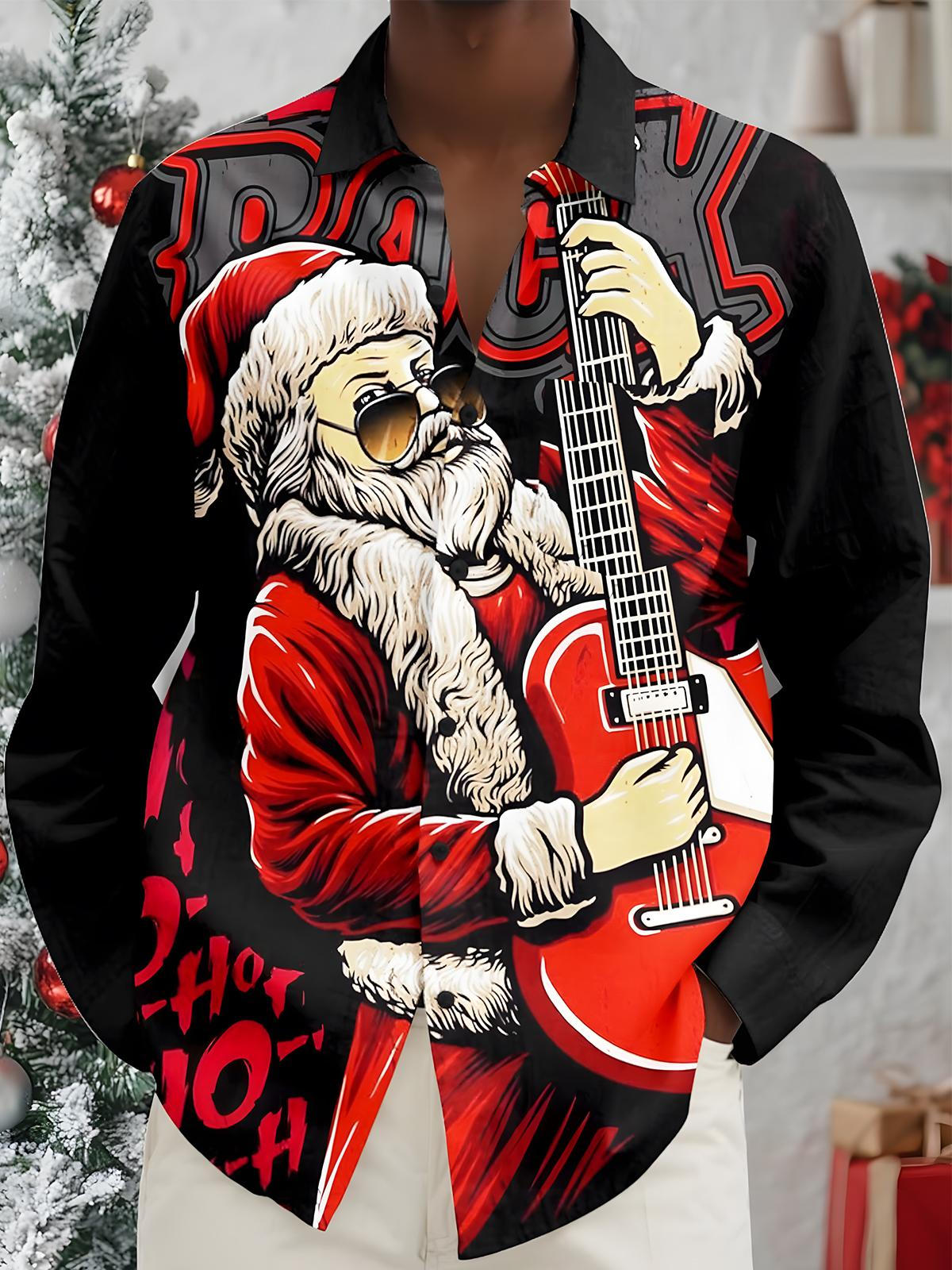 Santa Claus Playing Guitar Men's Pocket Long Sleeve Shirts