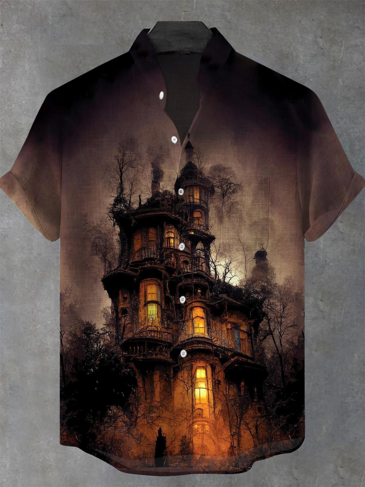 Halloween House Men's Pocket Short Sleeve Stand Collar Shirts