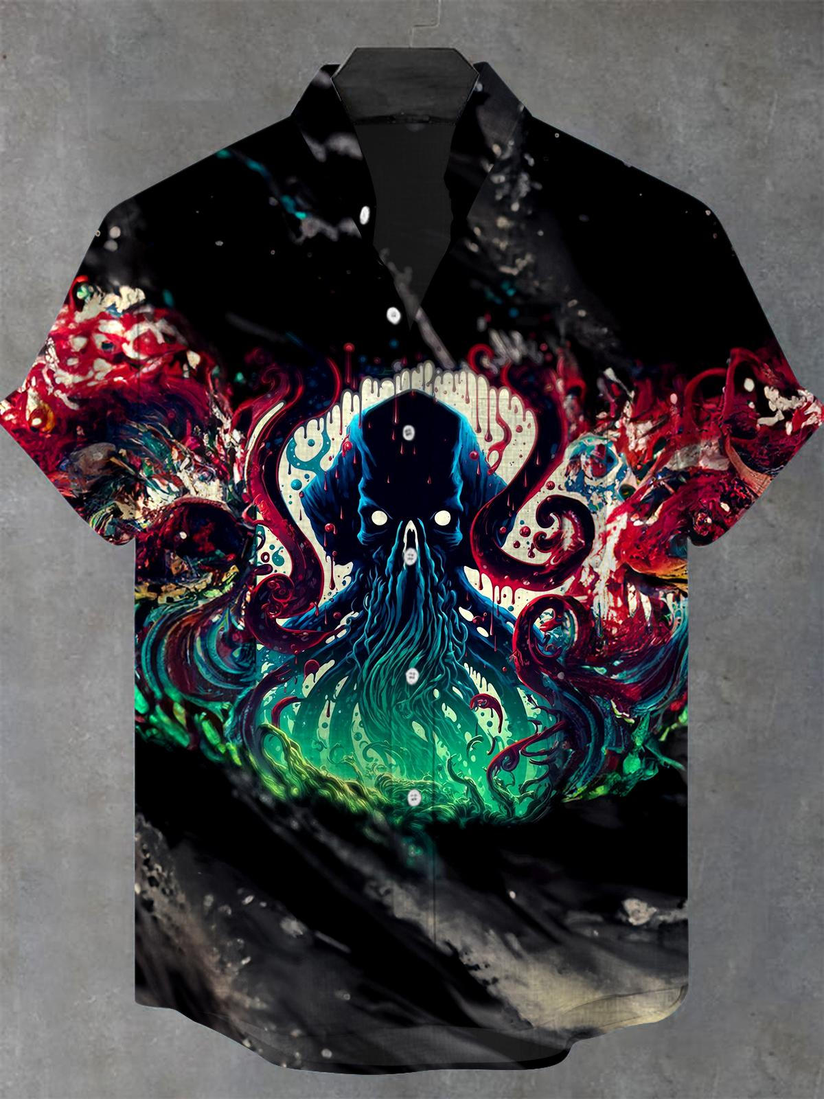 Octopus Men's Pocket Short Sleeve Stand Collar Shirts