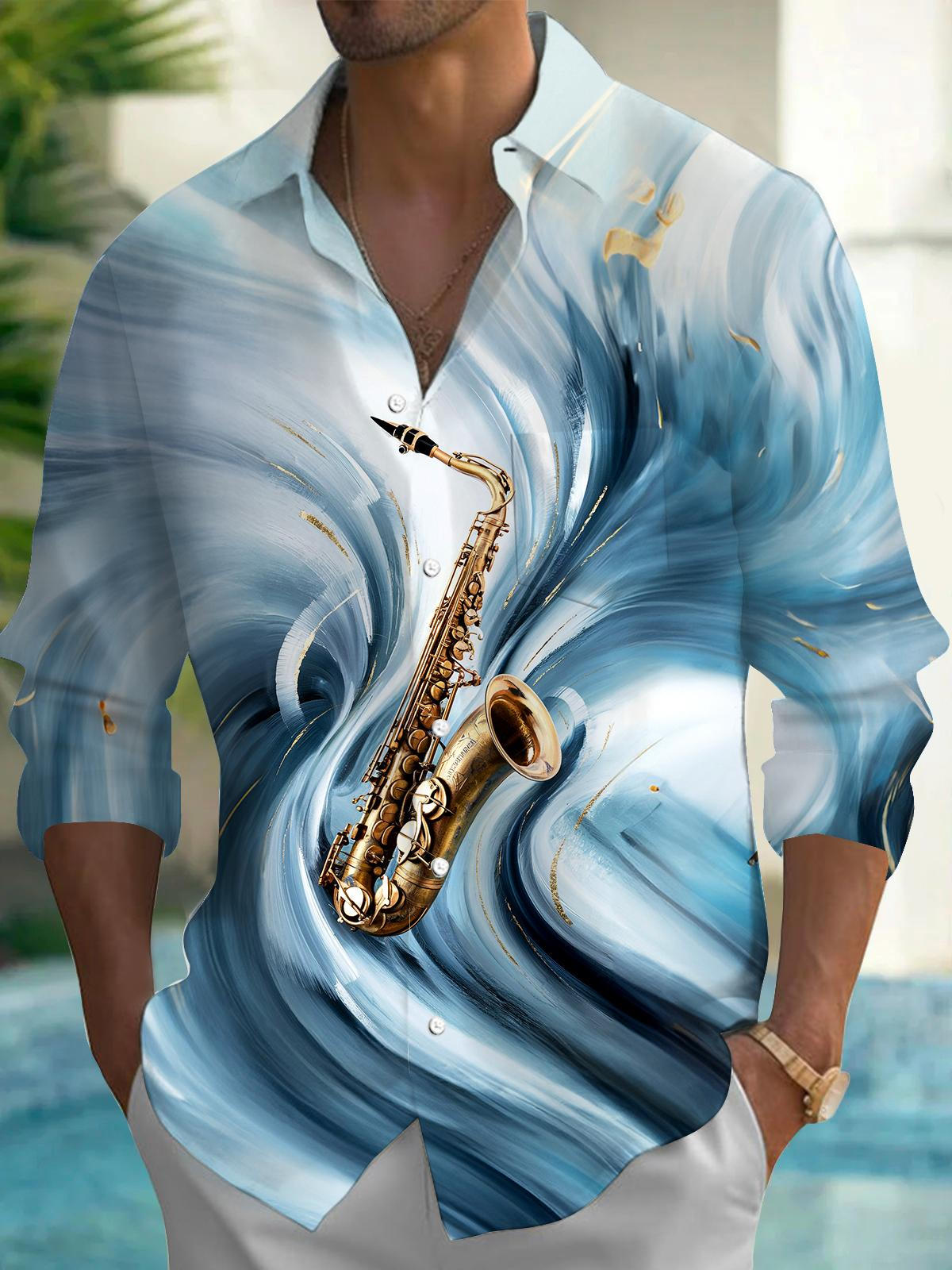 Saxophone Abstract Men's Pocket Long Sleeve Shirts