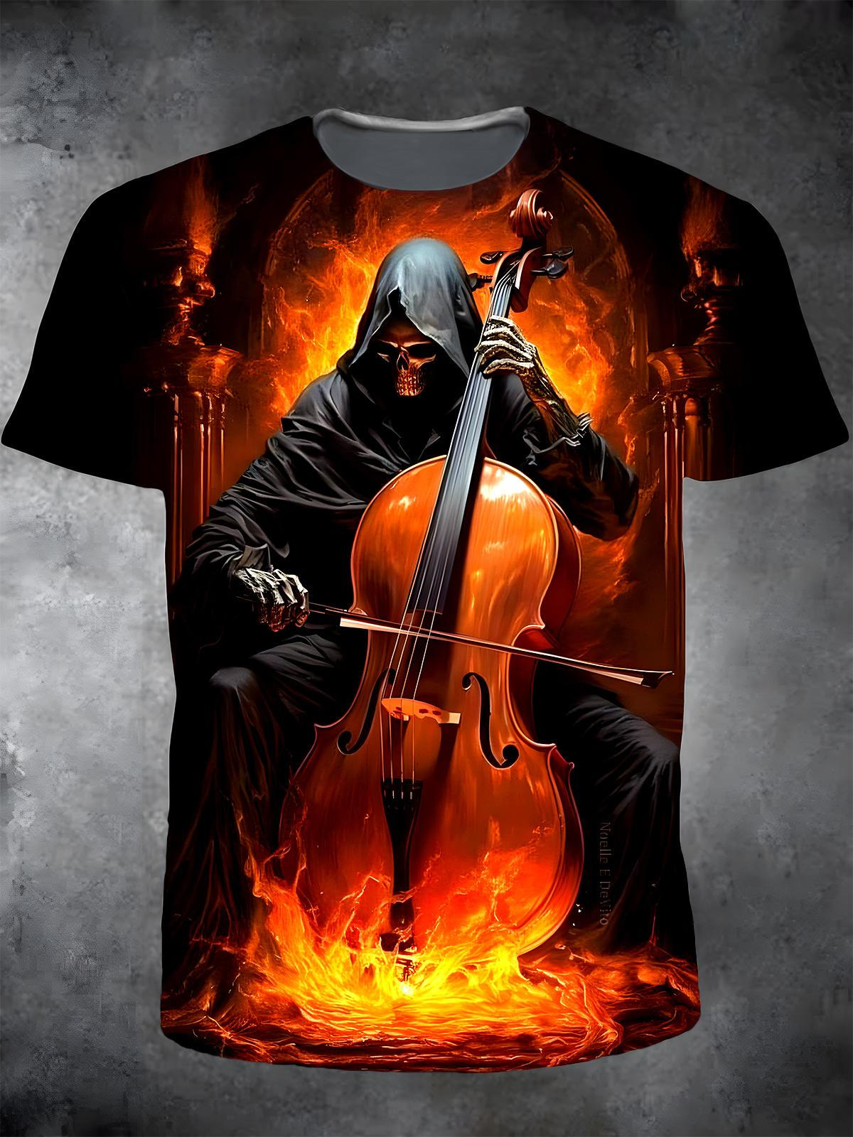 Skull Cello Round Neck Short Sleeve Men's T-shirt