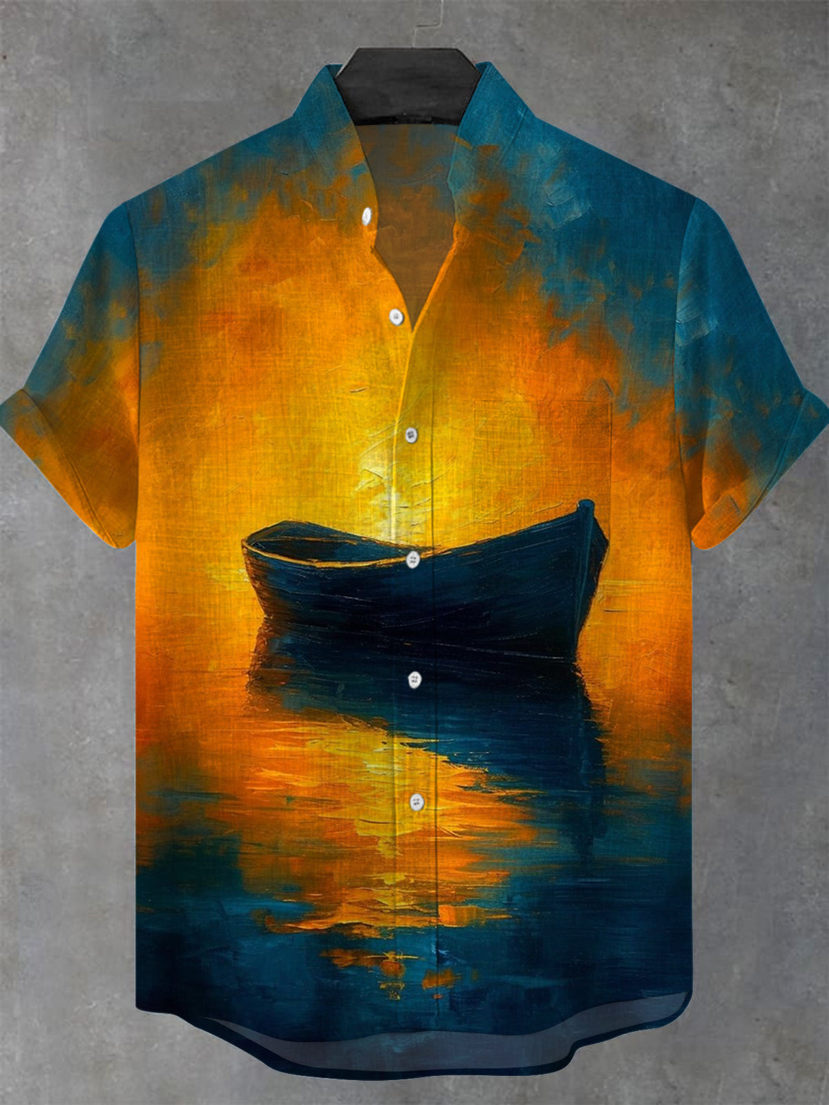 Boat Oil Painting Art Men's Pocket Short Sleeve Stand Collar Shirts