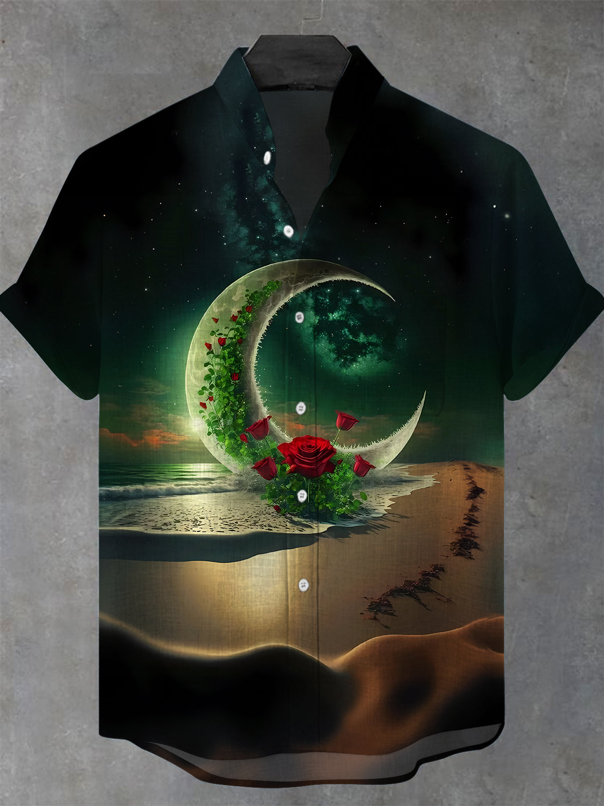 Beach Moon Landscape Men's Pocket Short Sleeve Stand Collar Shirts