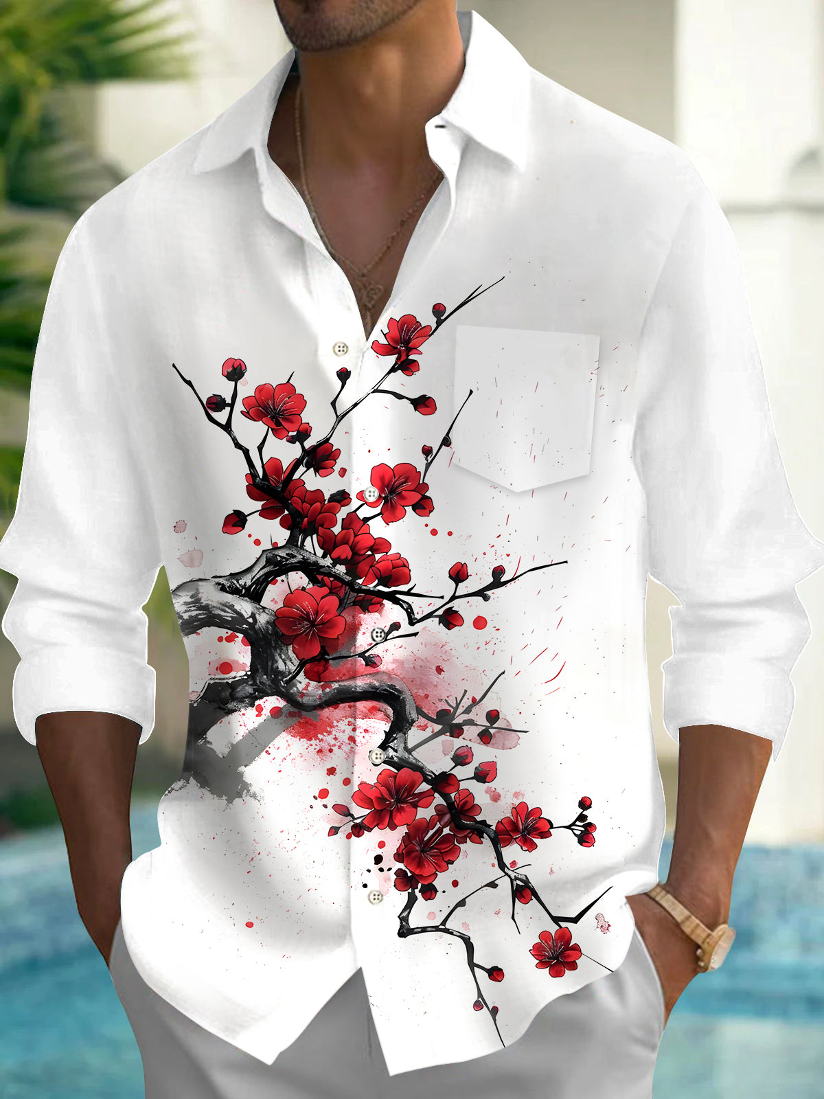 Floral Men's Pocket Long Sleeve Shirts