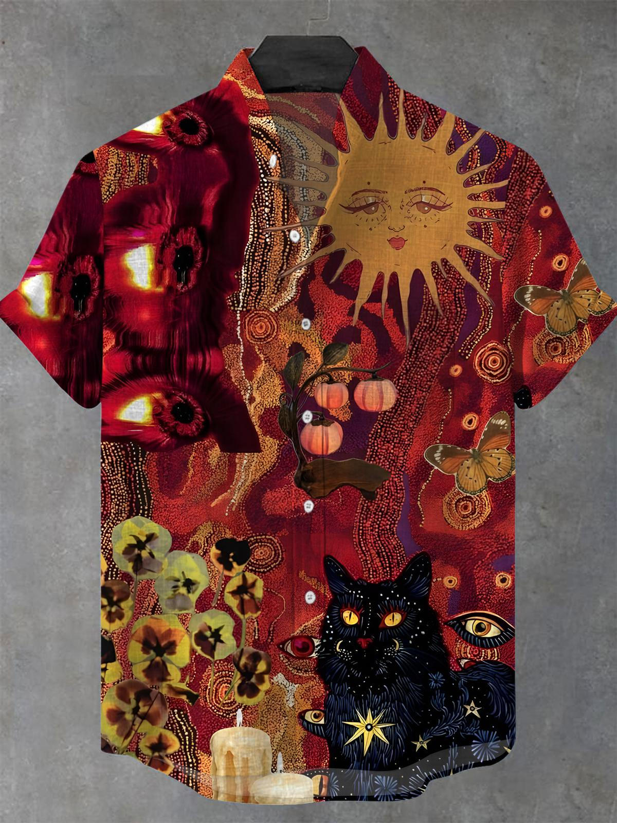 Cat Sun Art Men's Pocket Short Sleeve Stand Collar Shirts