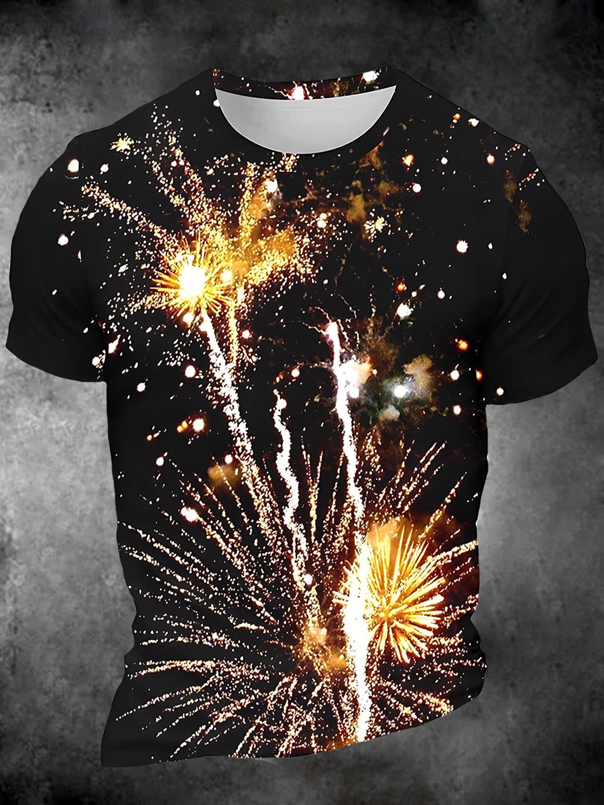 Firework Round Neck Short Sleeve Men's T-shirt