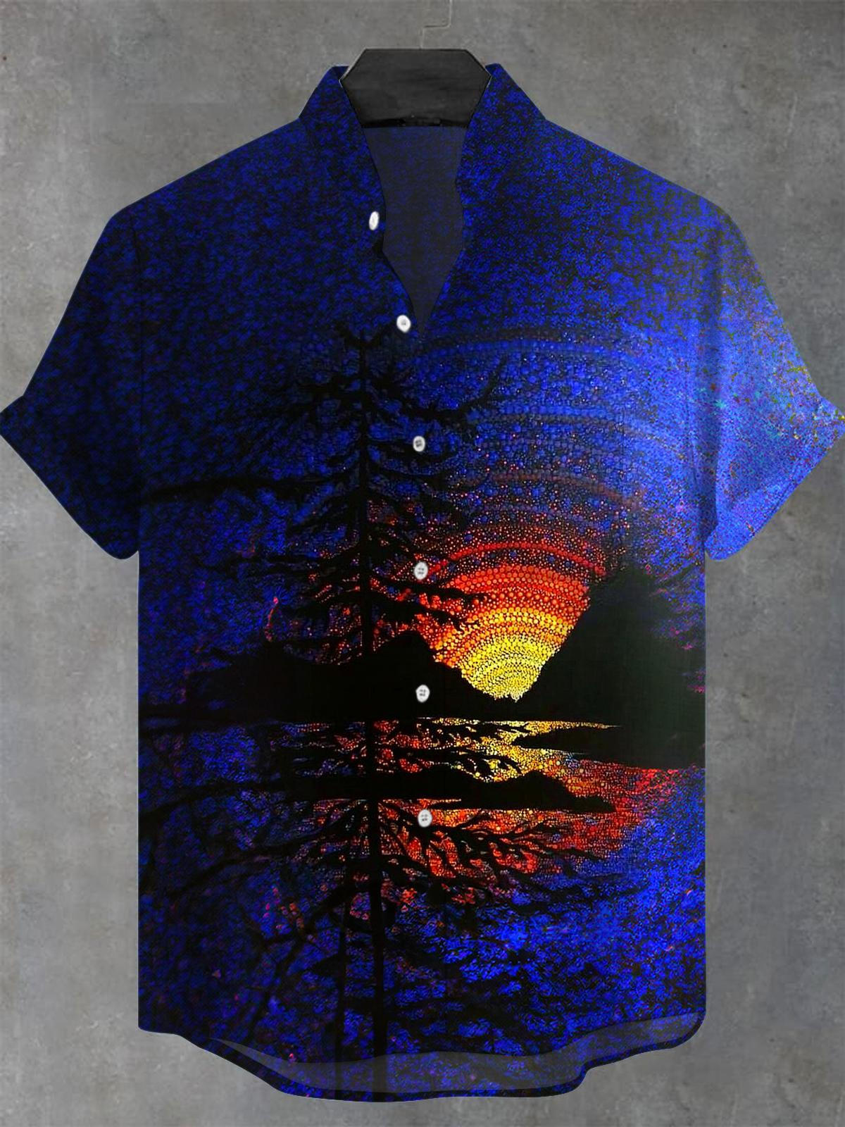 Sunset Men's Pocket Short Sleeve Stand Collar Shirts