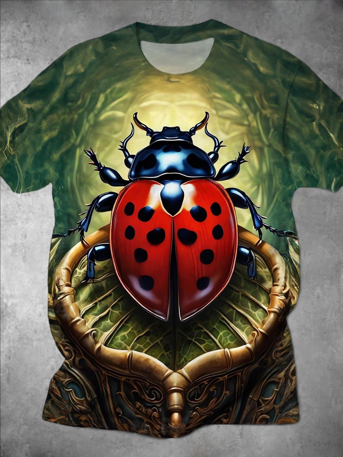 Ladybug Print Round Neck Short Sleeve Men's T-shirt