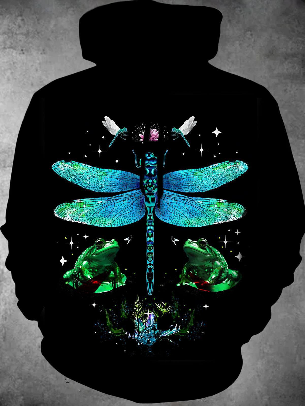 Dragonfly Frog Long Sleeve Hooded Pocket Men's Top