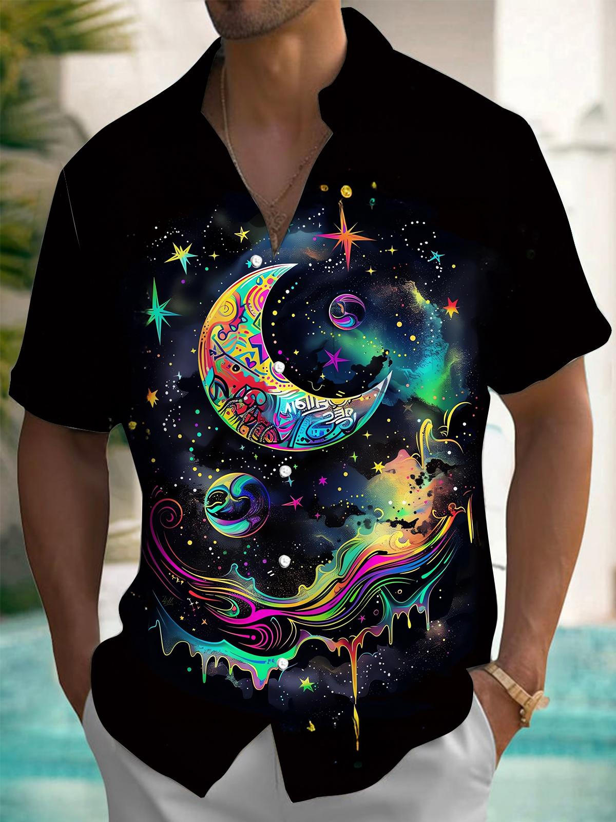 Moon Starry Sky Print Men's Pocket Short Sleeve Shirts