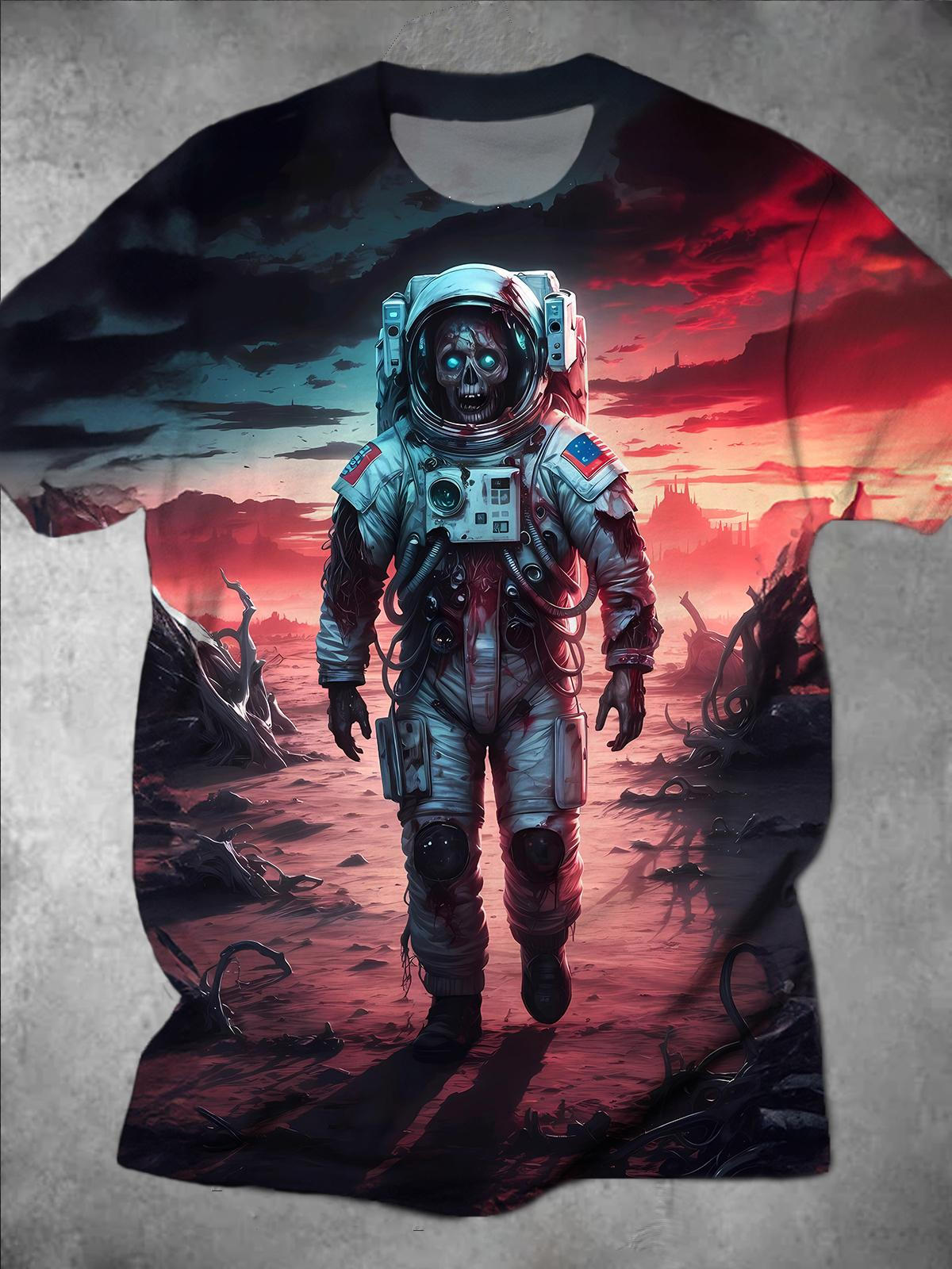 Skull Astronaut Round Neck Short Sleeve Men's T-shirt