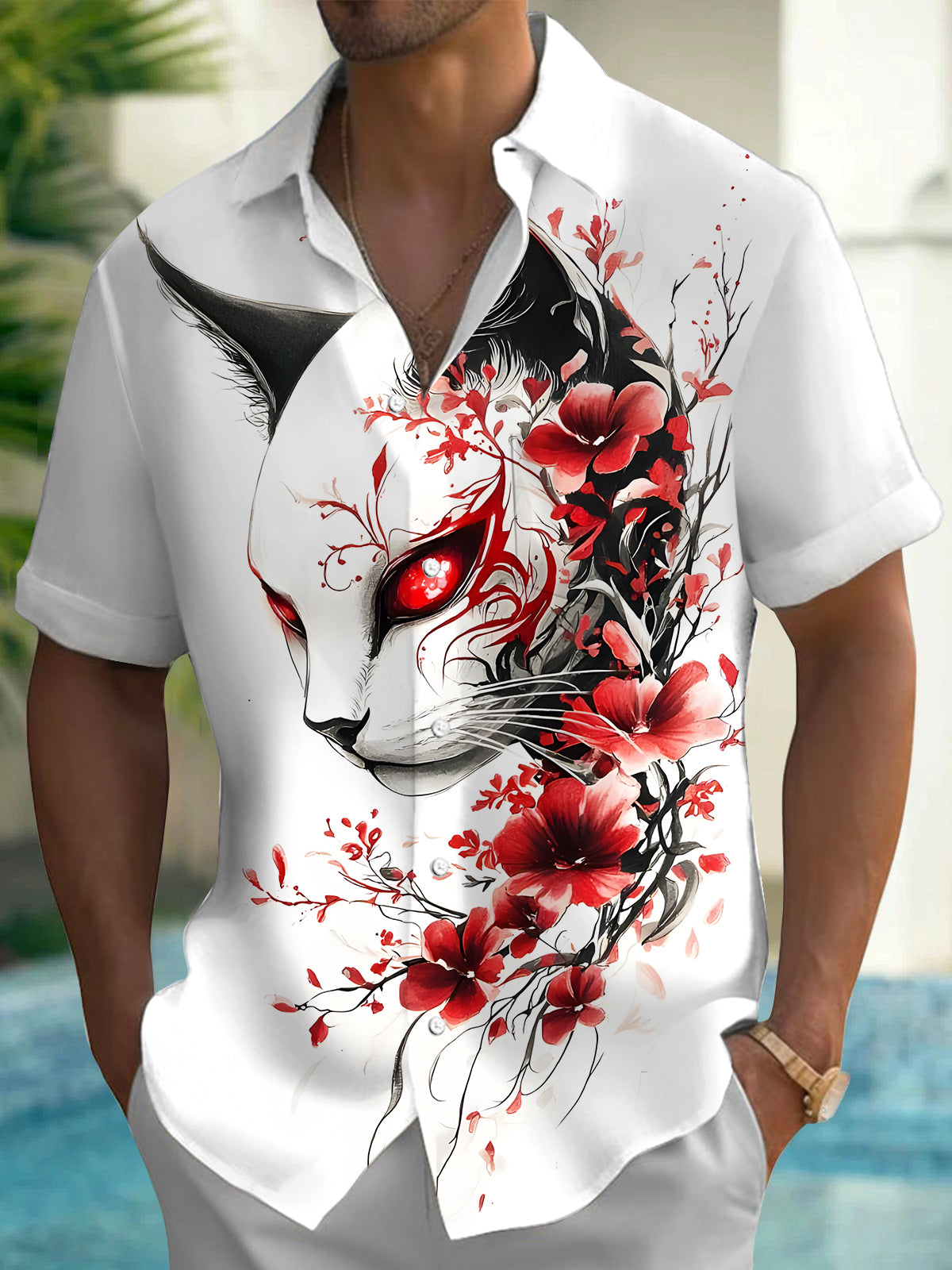 Cat Floral Men's Pocket Short Sleeve Shirts