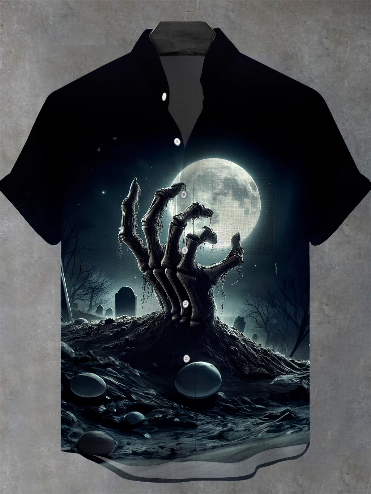 Moon Skull Hand Men's Pocket Short Sleeve Stand Collar Shirts