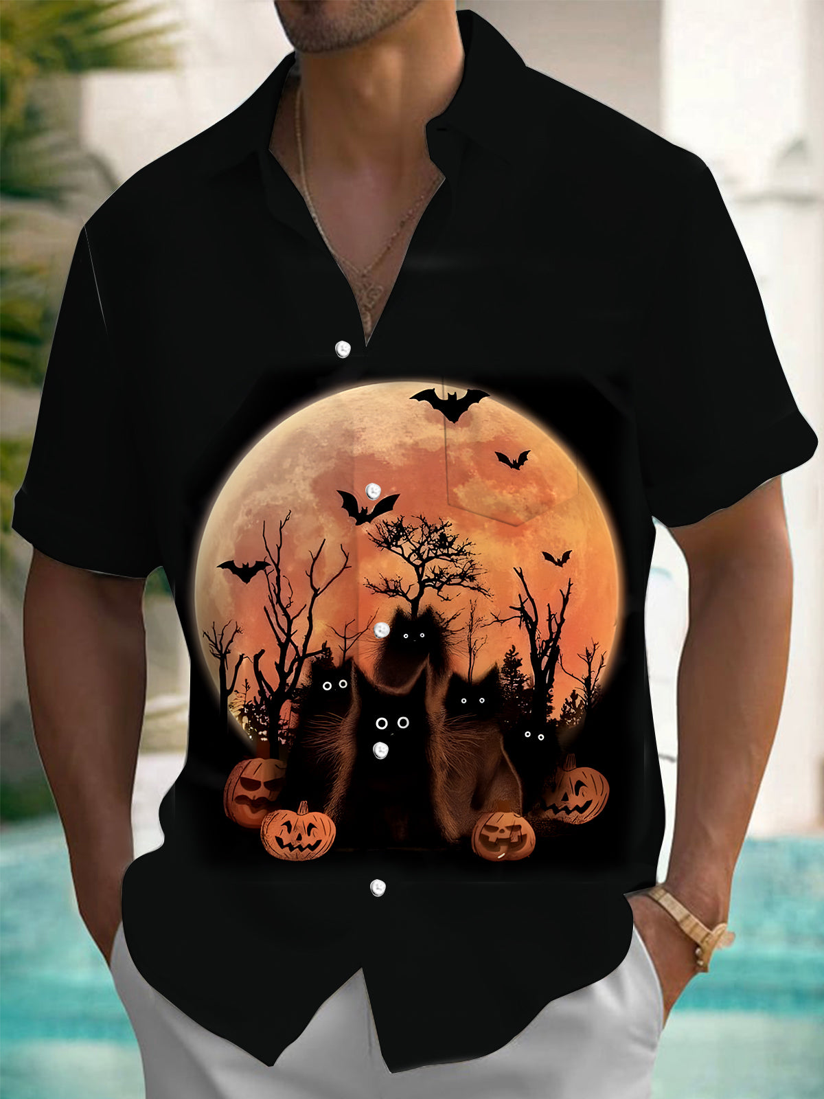 Halloween Black Cat Moon Men's Pocket Short Sleeve Shirts