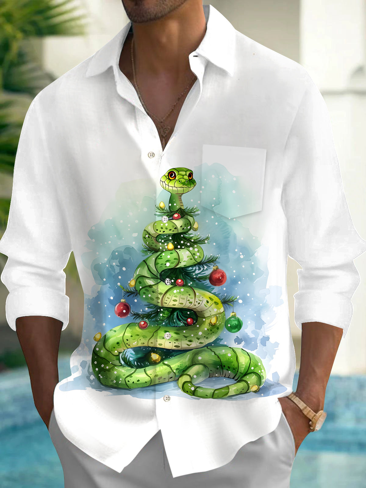 Christmas Tree Snake Men's Pocket Long Sleeve Shirts