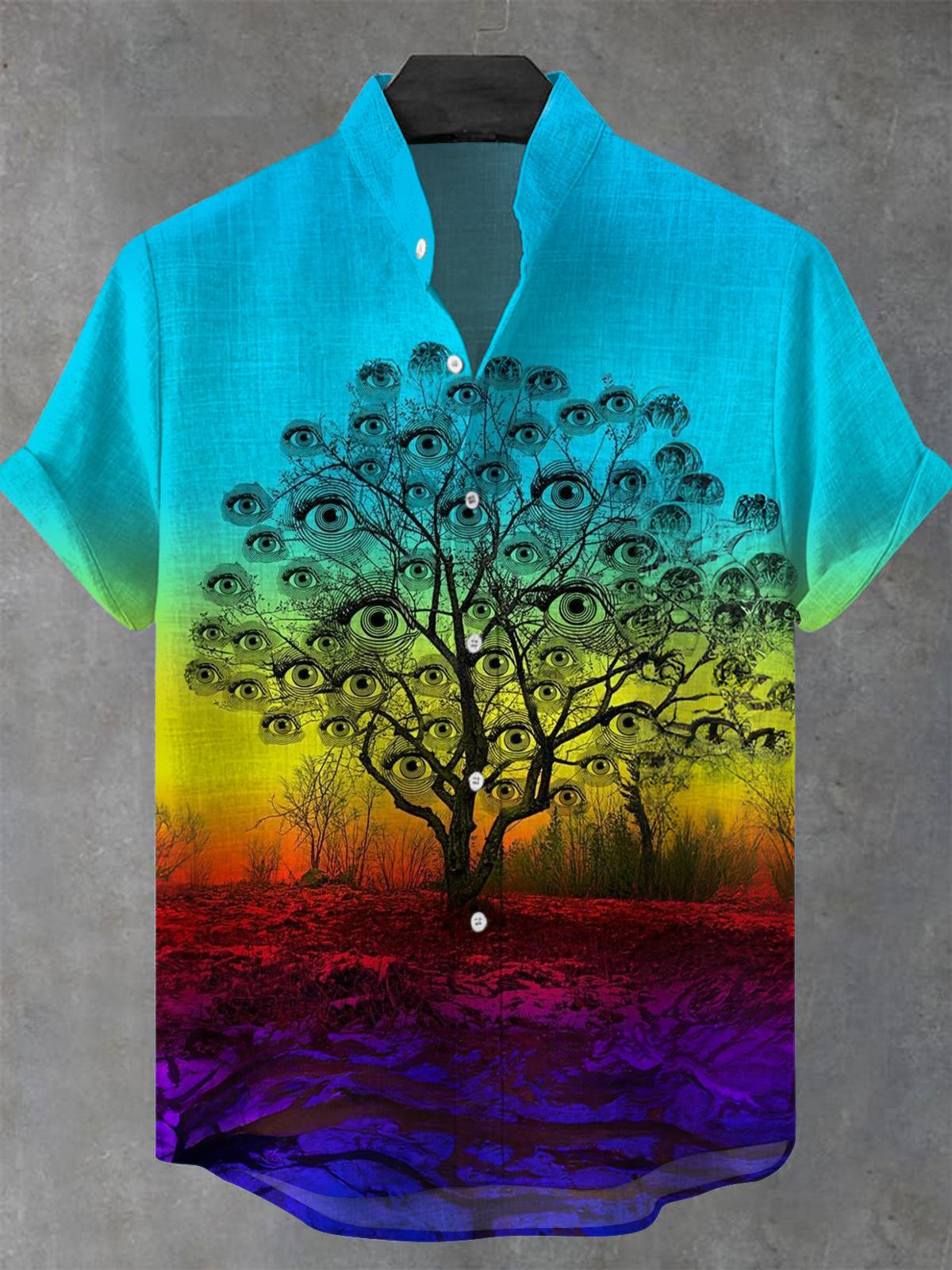 Eyes Tree Men's Pocket Short Sleeve Stand Collar Shirts