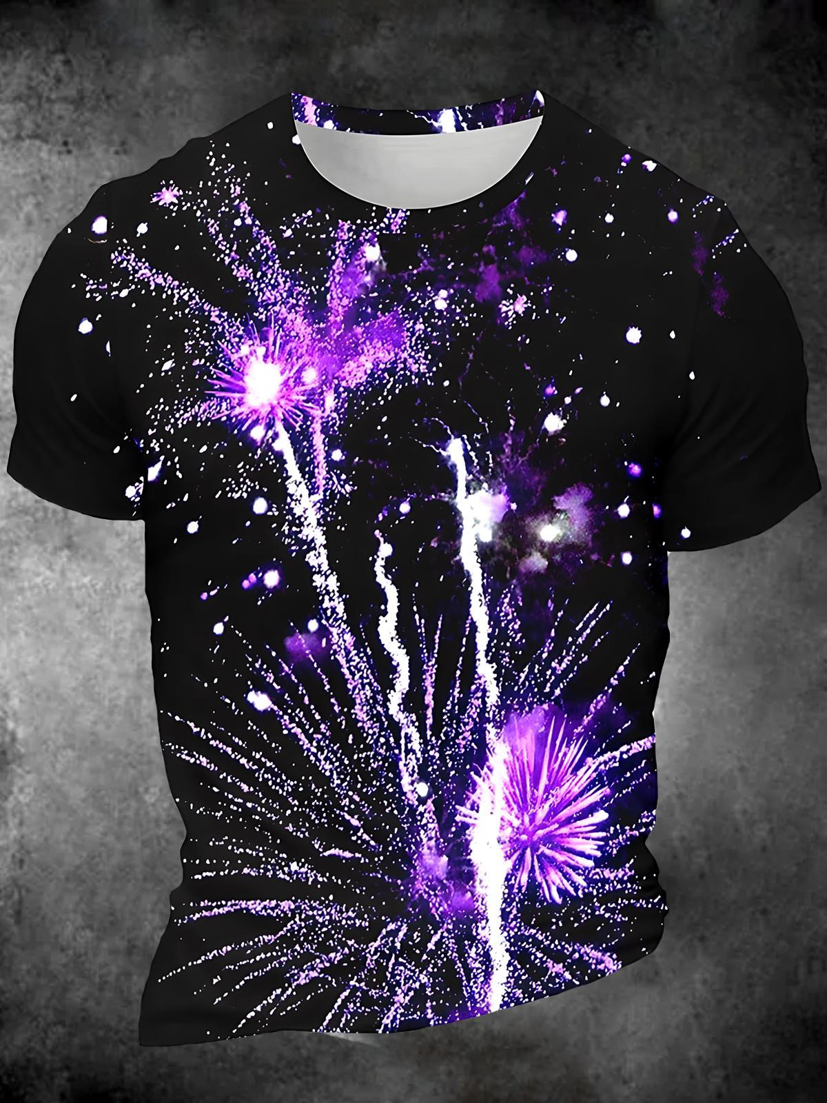 Firework Round Neck Short Sleeve Men's T-shirt