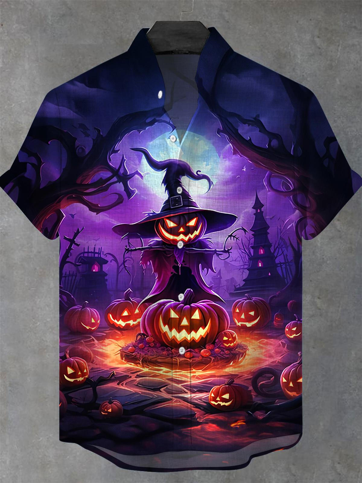 Halloween Pumpkin Men's Pocket Short Sleeve Stand Collar Shirts