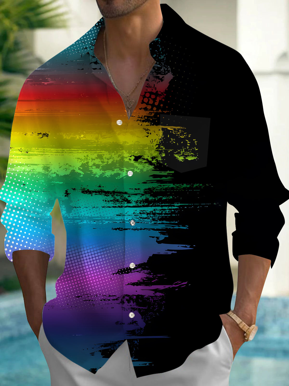 Rainbow Gradient Men's Pocket Long Sleeve Shirts