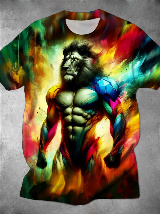 Lion Print Round Neck Short Sleeve Men's T-shirt