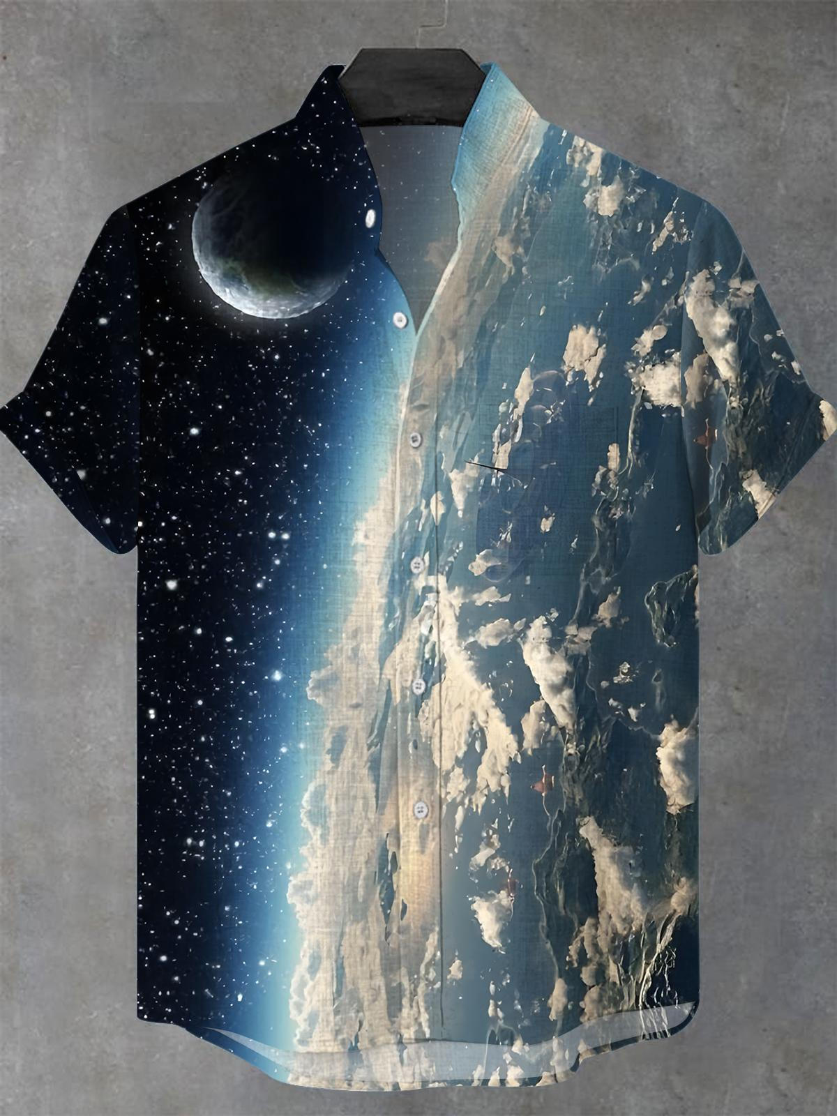 Universe Starry Men's Pocket Short Sleeve Stand Collar Shirts