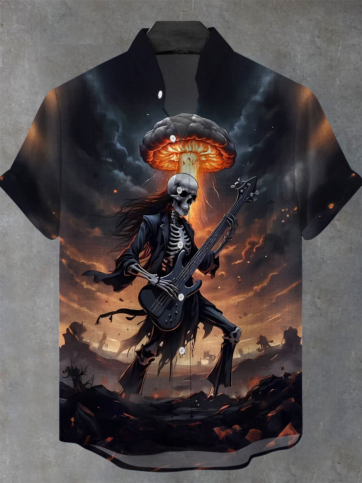 Skull Playing Guitar Men's Pocket Short Sleeve Stand Collar Shirts