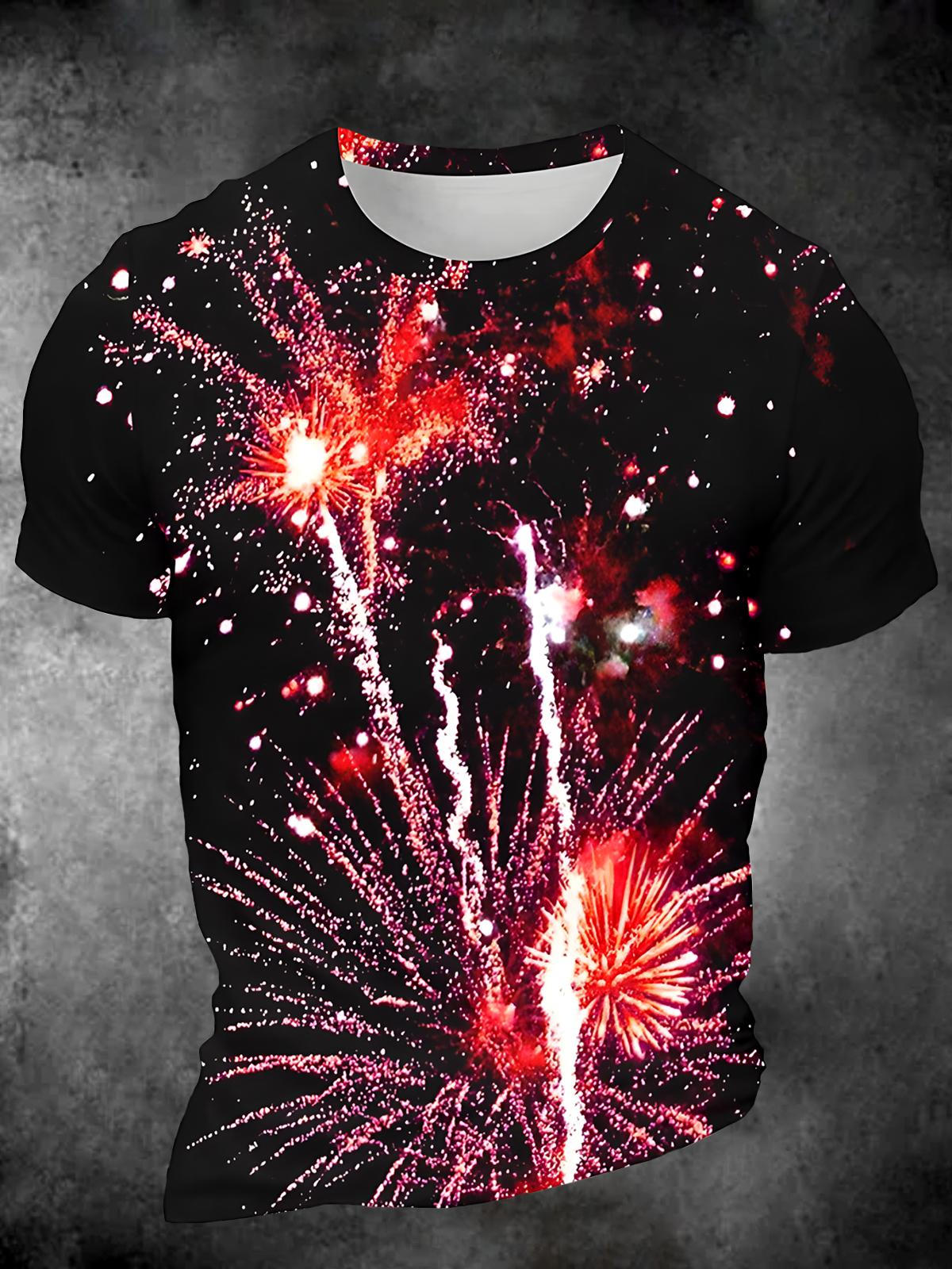 Firework Round Neck Short Sleeve Men's T-shirt