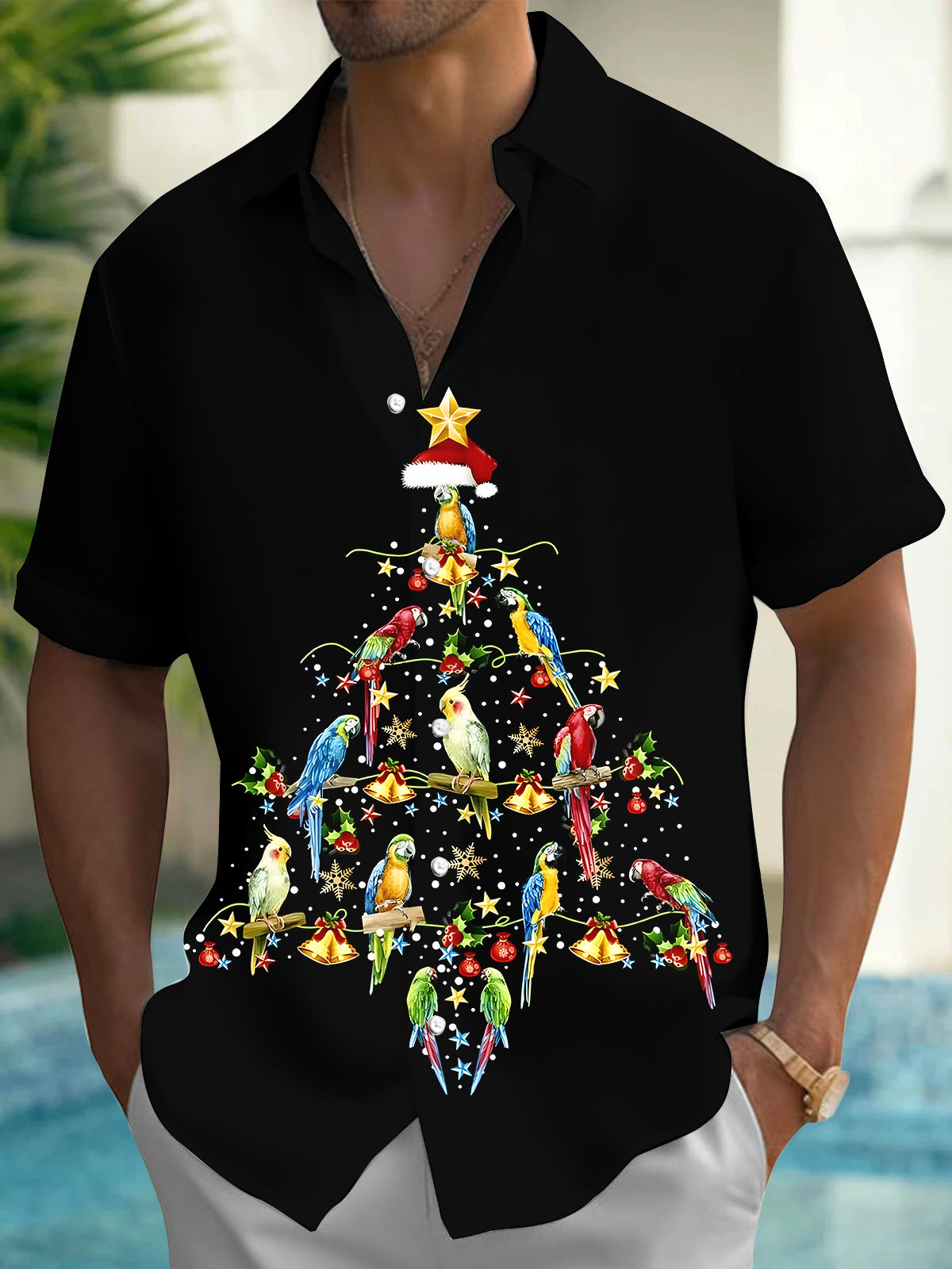 Christmas Tree Parrot Men's Pocket Short Sleeve Shirts