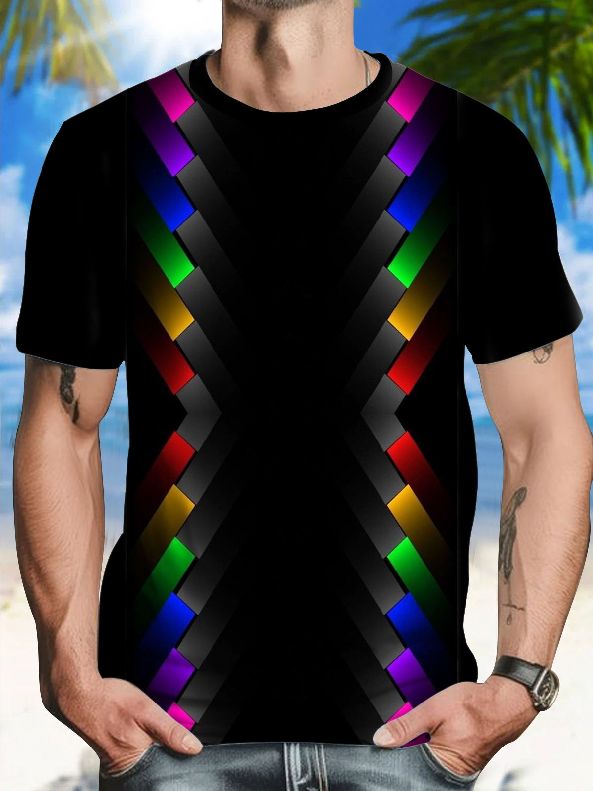 Colorful Geometric Square Print Round Neck Short Sleeve Men's T-shirt