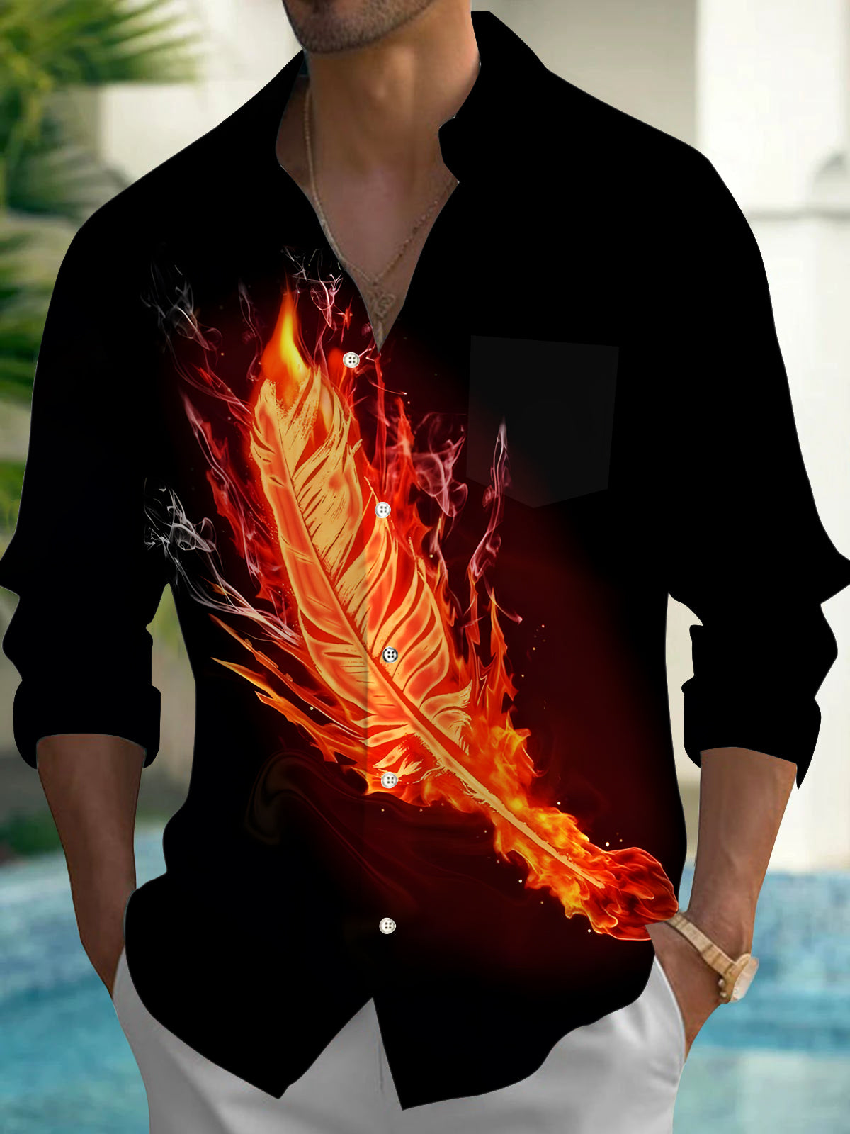 Flame Feather Men's Pocket Long Sleeve Shirts