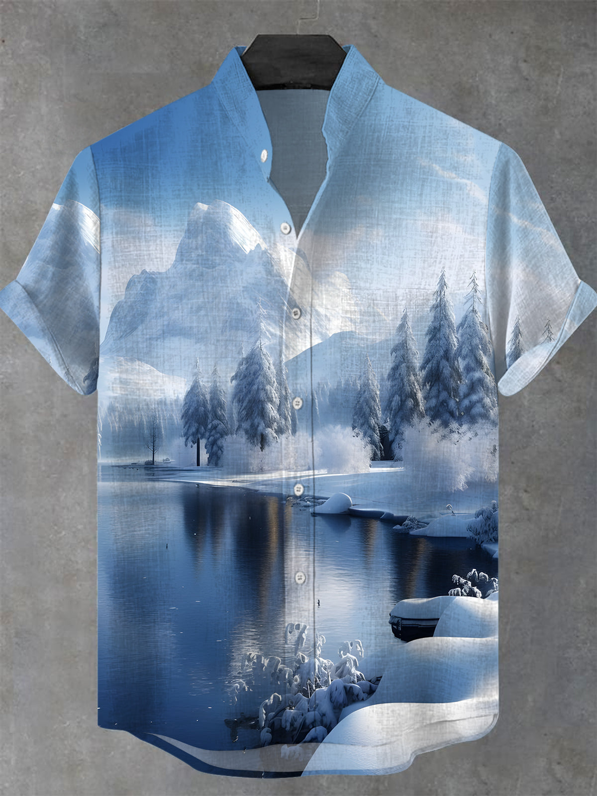 Snow Mountain Landscape Men's Pocket Short Sleeve Stand Collar Shirts