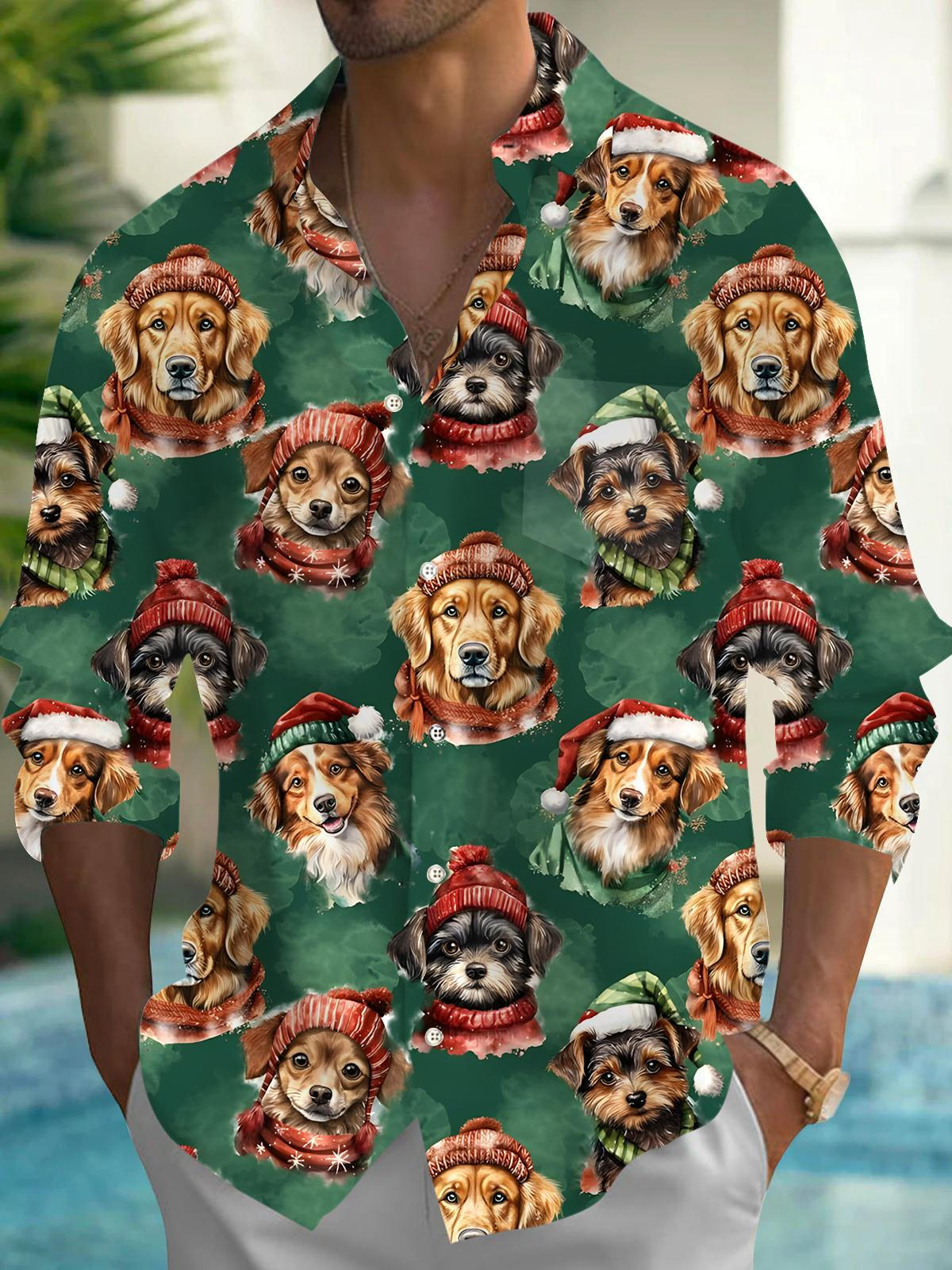 Christmas Dog Men's Pocket Long Sleeve Shirts