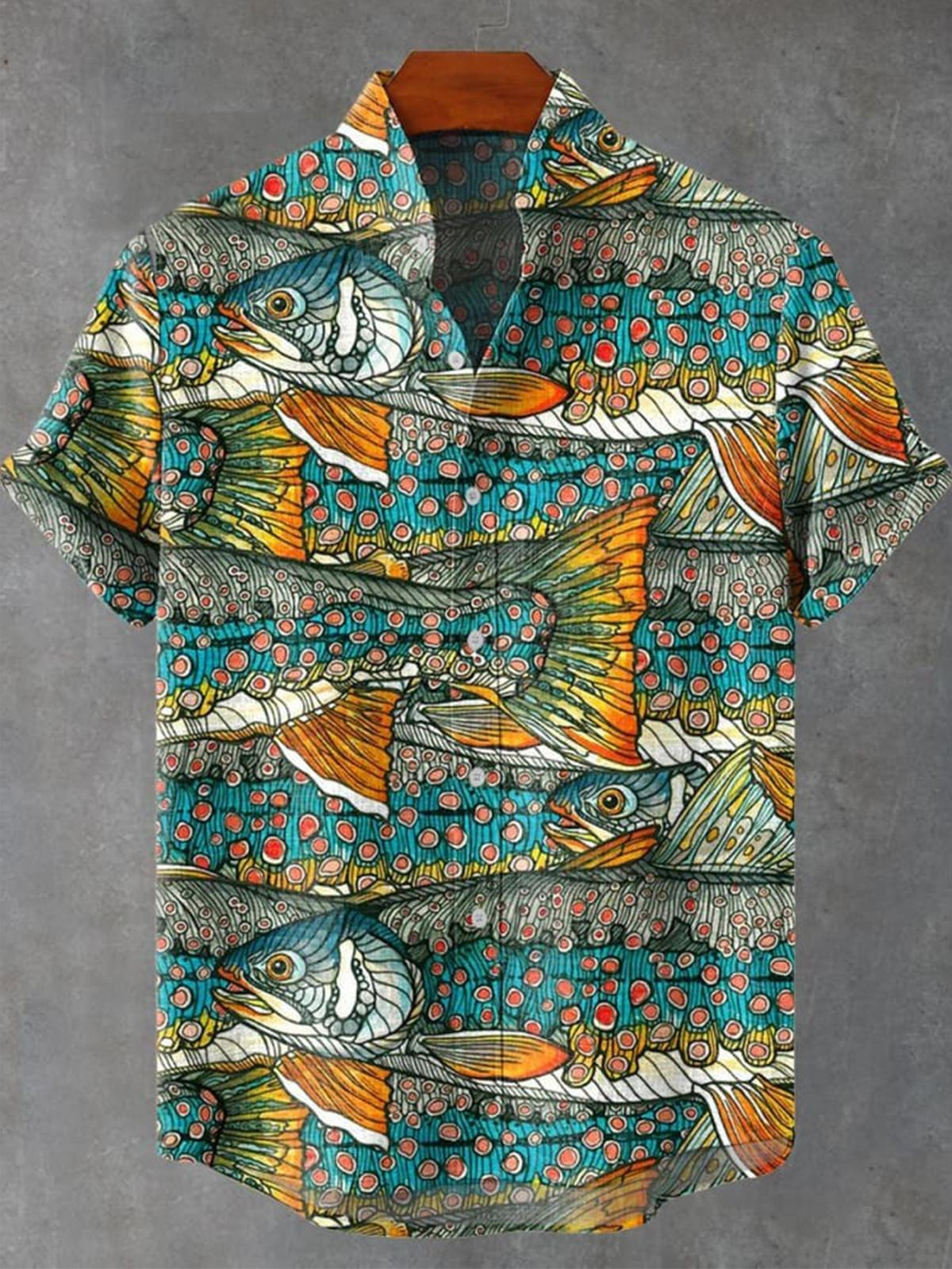 Artistic Fish Men's Pocket Short Sleeve Stand Collar Shirts