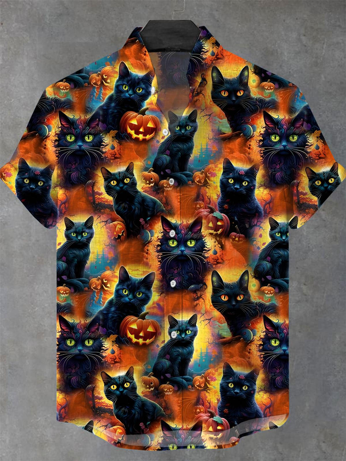 Halloween Black Cat Pumpkin Men's Pocket Short Sleeve Stand Collar Shirts