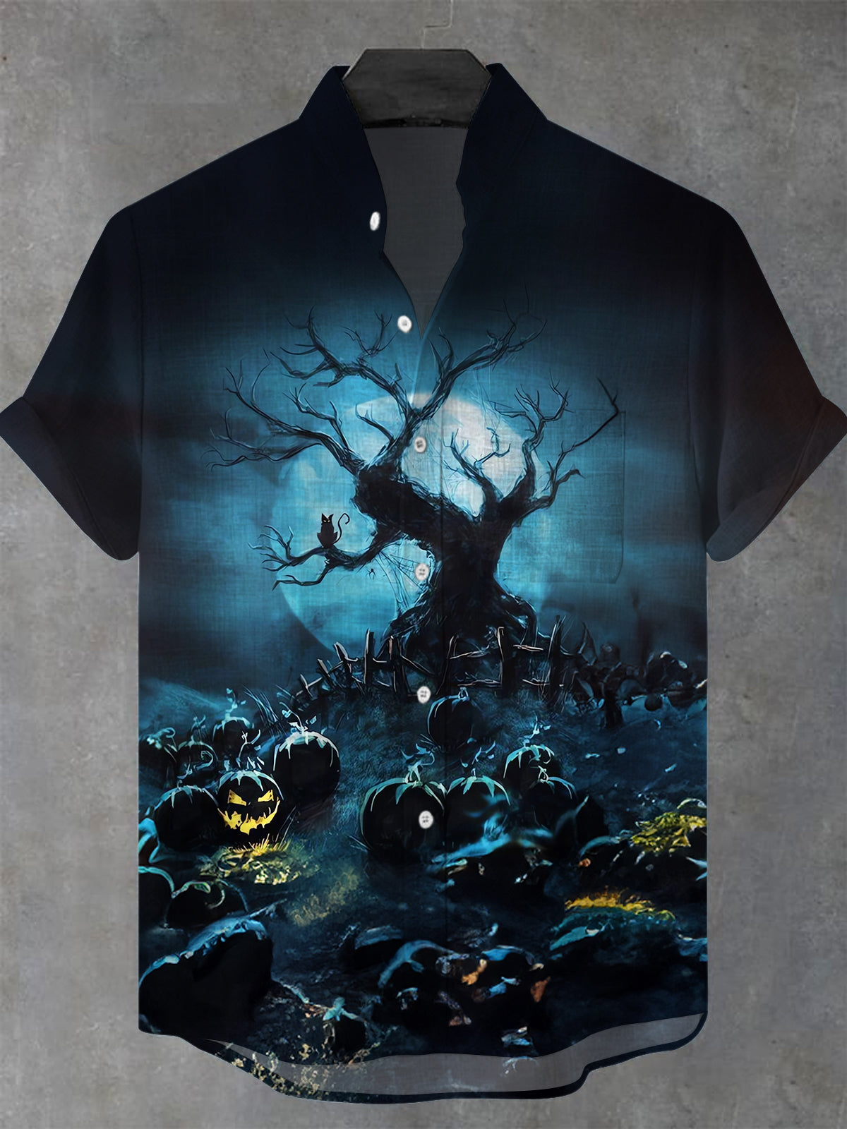 Halloween Tree Moon Pumpkin Men's Pocket Short Sleeve Stand Collar Shirts