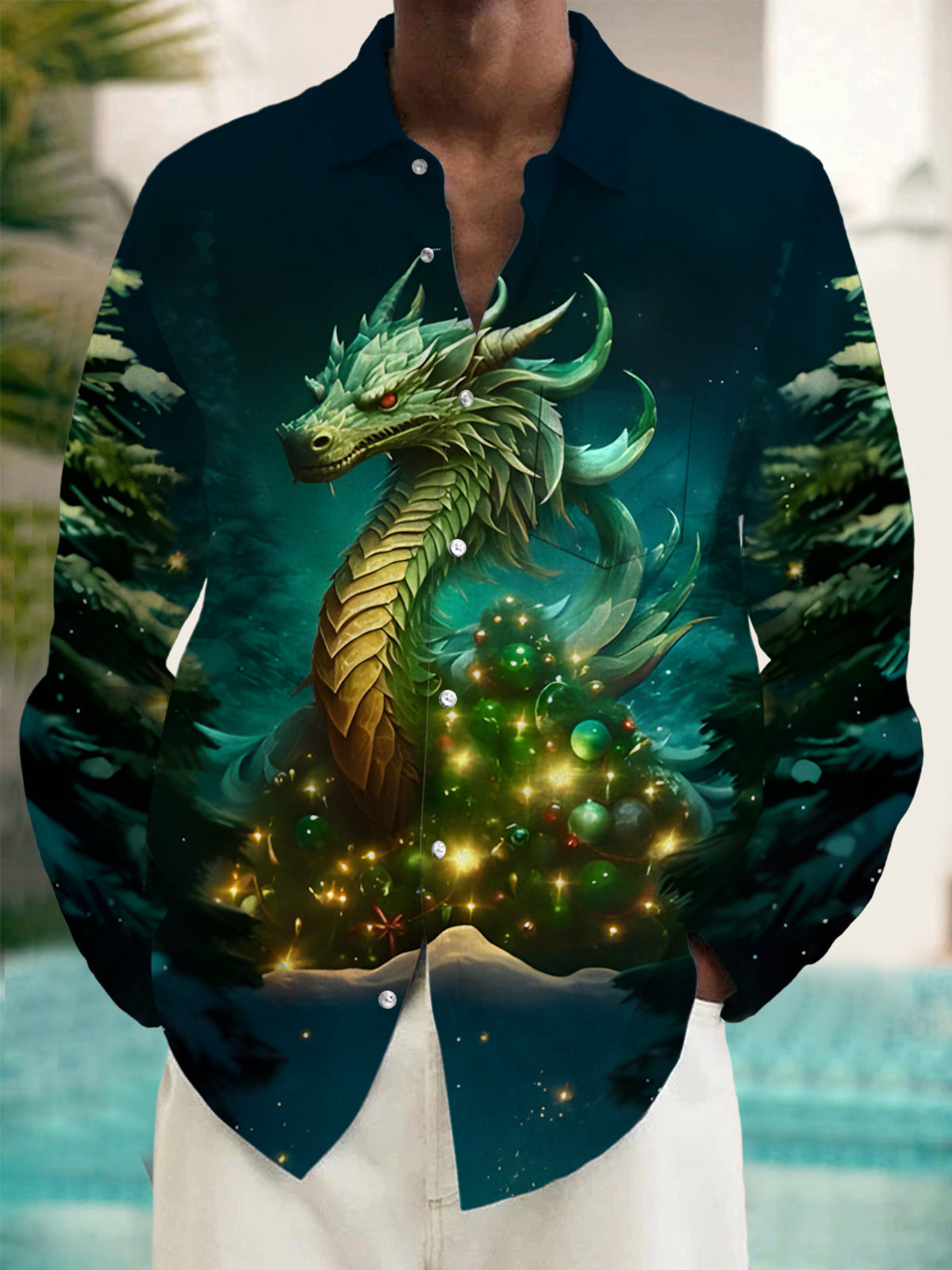 Christmas Dragon Men's Pocket Long Sleeve Shirts