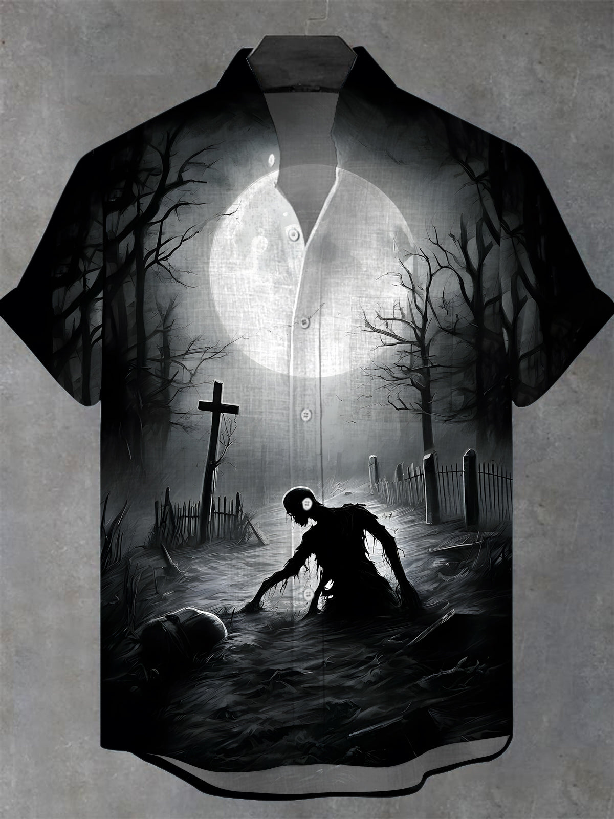 Halloween Skull Moon Men's Pocket Short Sleeve Stand Collar Shirts