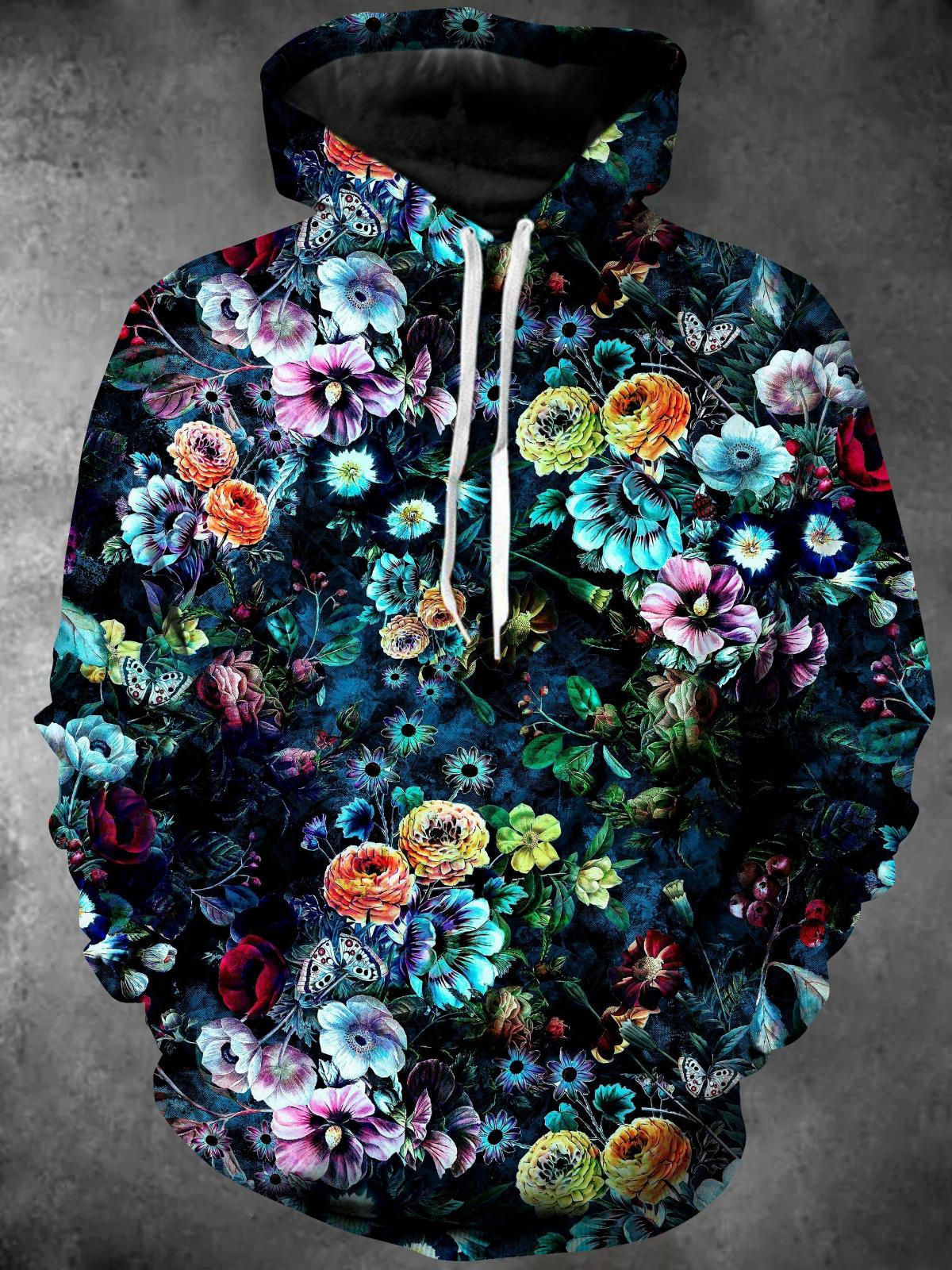 Floral Long Sleeve Hooded Pocket Men's Top