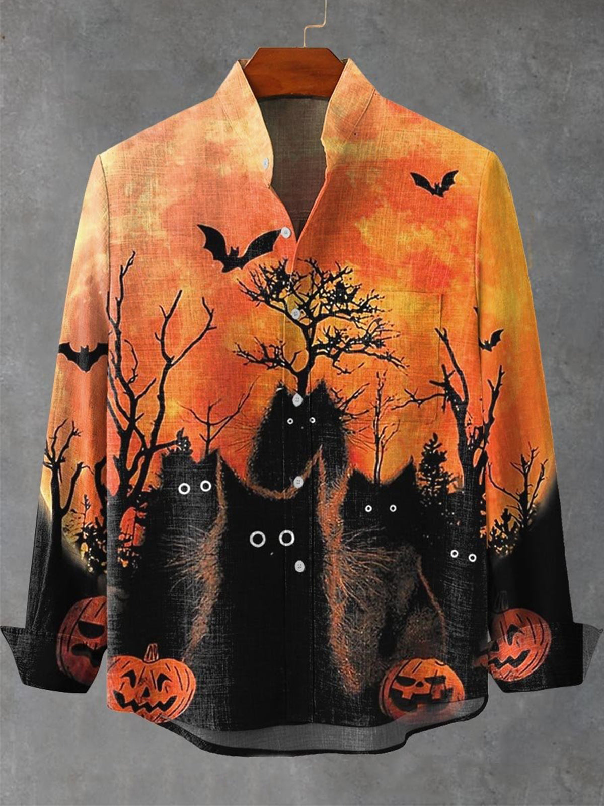 Halloween Bat Black Cat Pumpkin Men's Pocket Long Sleeve Stand Collar Shirts