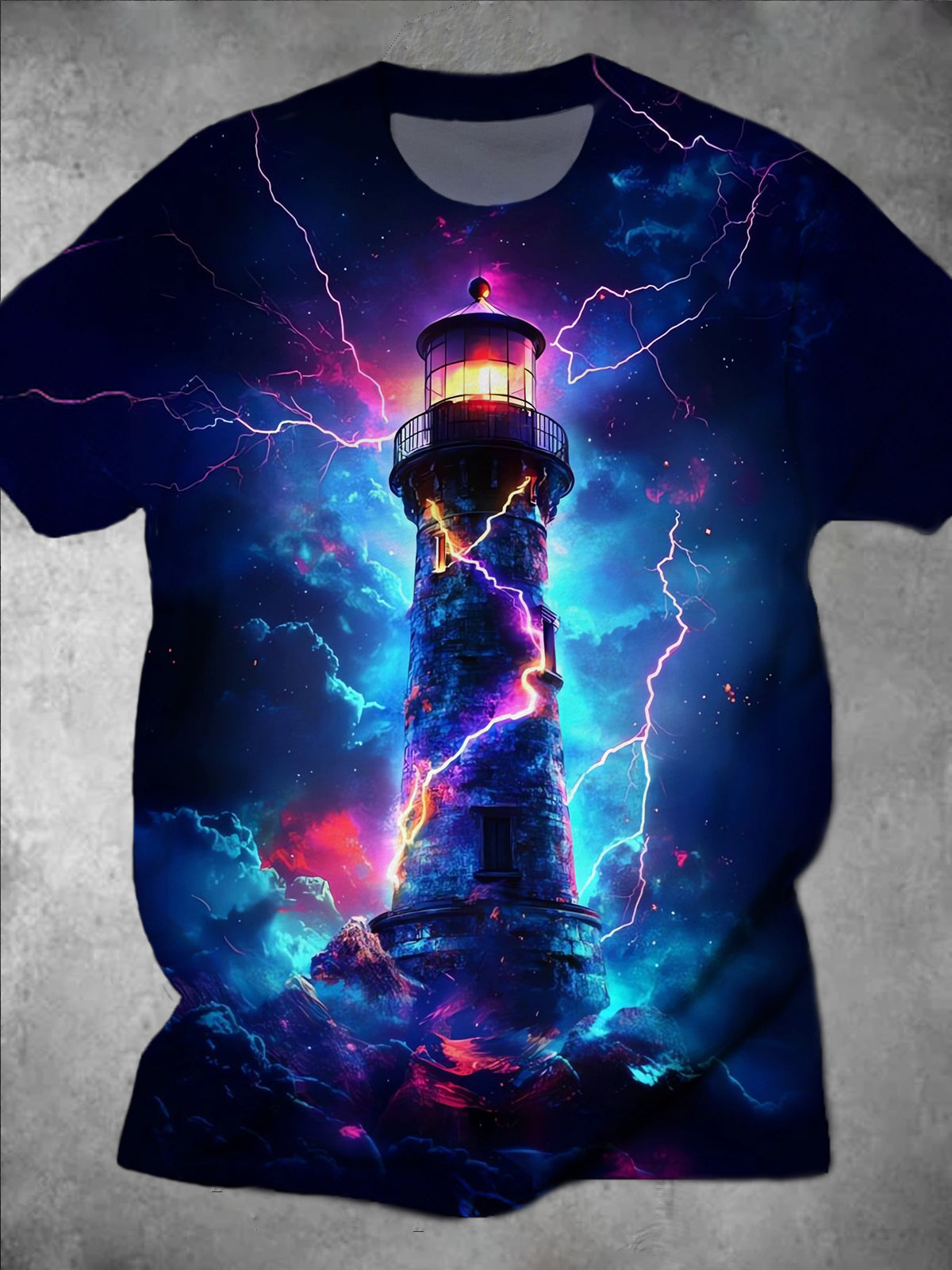 Lighthouse Print Round Neck Short Sleeve Men's T-shirt