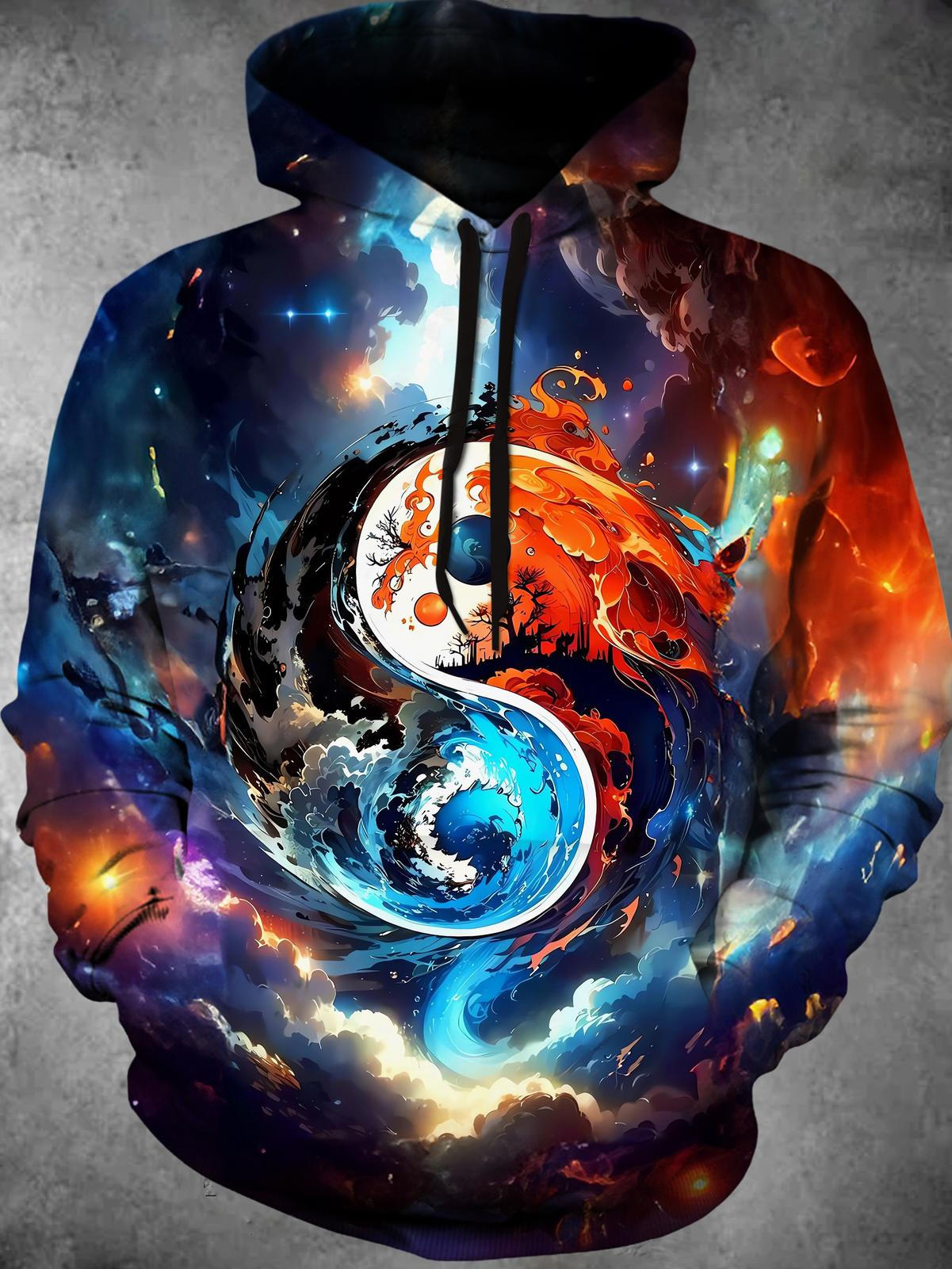 Tai Chi Print Long Sleeve Hooded Pocket Men's Top